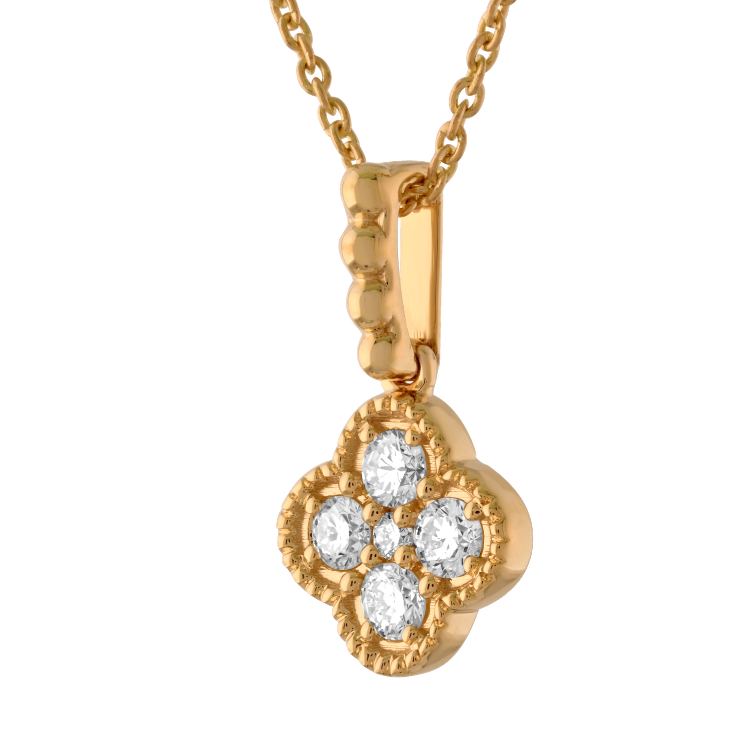 14K Yellow Gold Clover Shape Beaded Bail Milgrain Edge Diamond Pendant 0.21 Ctw