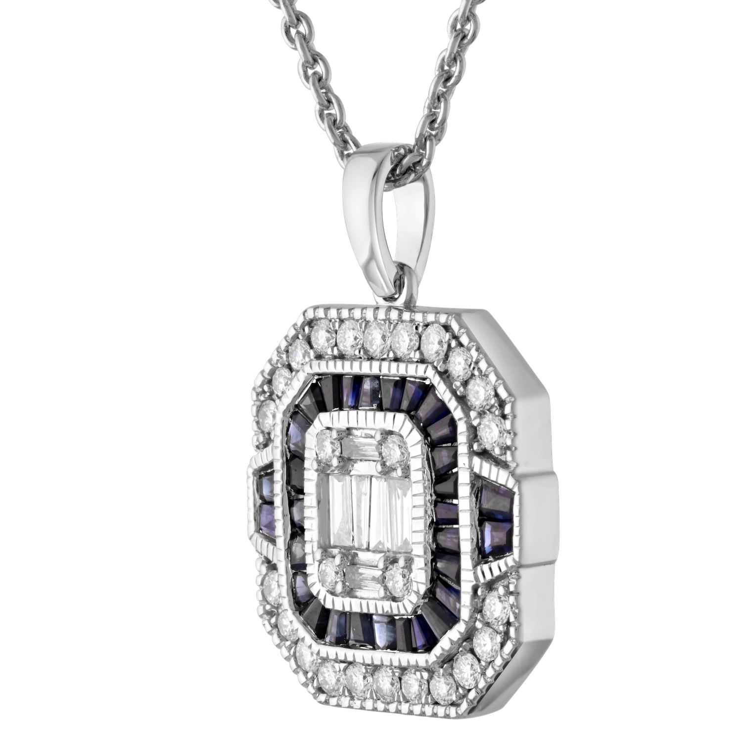 Vintage Treasures&trade; 14k White Gold Art Deco Style Baguette & Round Halo's Pendant Diamond & Blue Sapphire 0.87 Ctw