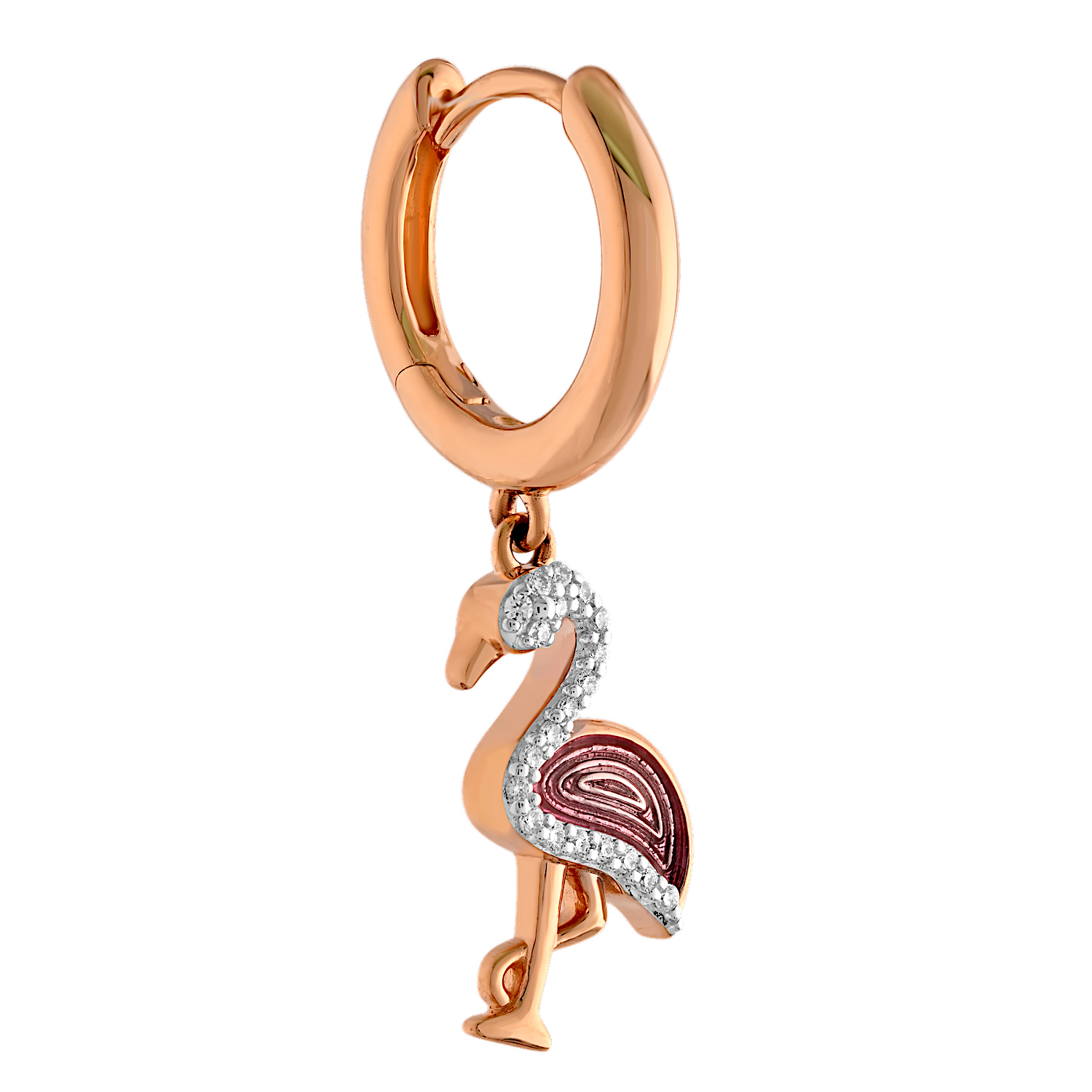 Oceanity&trade; 14K Rose Gold Earrings Enamel Flamingo Drops on Lever Backs Diamond 0.12 Ctw
