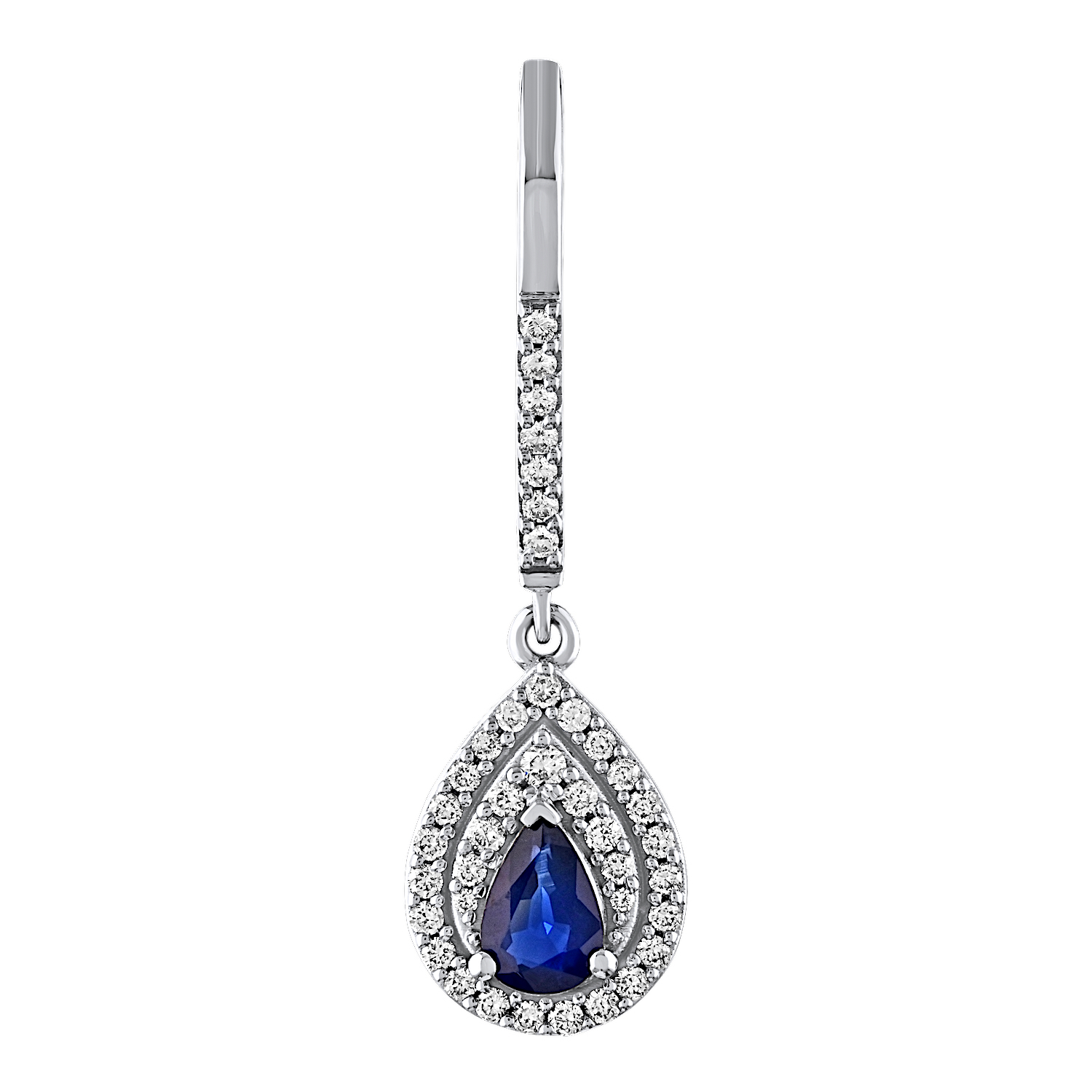 Majestic Gems&trade; 14k White Gold Pearshape Sapphire w/ Double Halo Drops on Diamond Set Bars Blue Sapphire & Diamond 1.50 Ctw