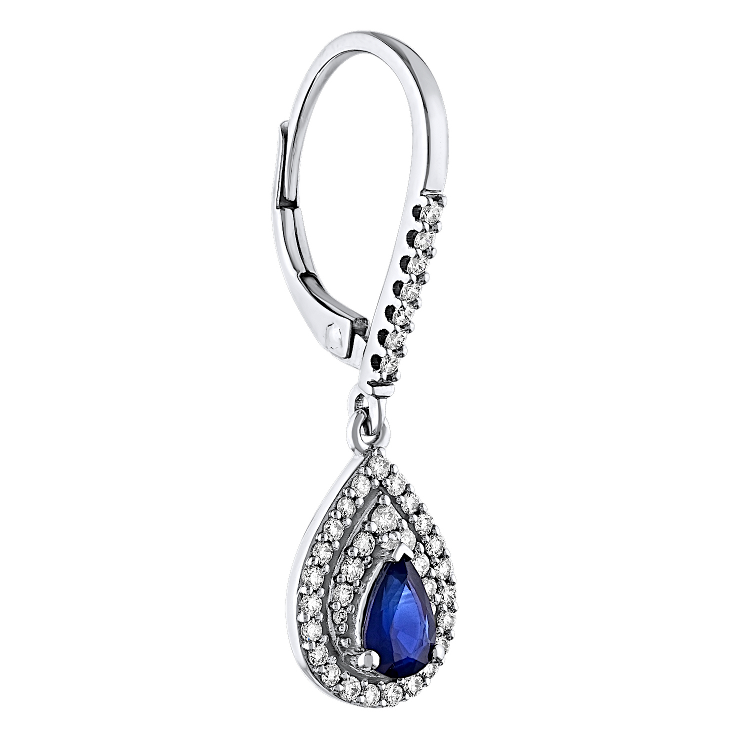 Majestic Gems&trade; 14k White Gold Pearshape Sapphire w/ Double Halo Drops on Diamond Set Bars Blue Sapphire & Diamond 1.50 Ctw