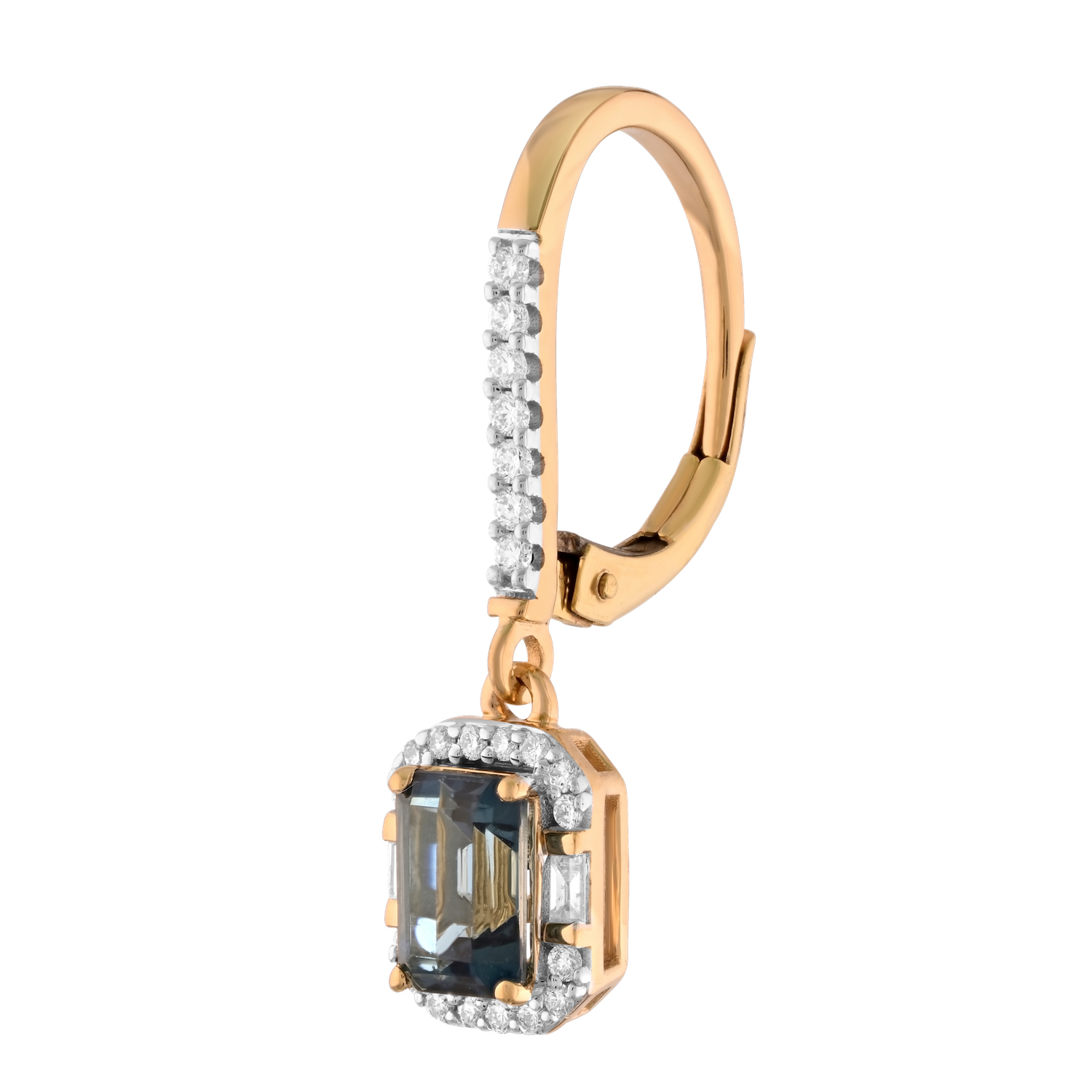 Majestic Gems&trade; 14k Yellow Gold Emerald Shape London Blue Topaz Halo with Baguette on Side Drops Blue Topaz & Diamond 1.86 Ctw