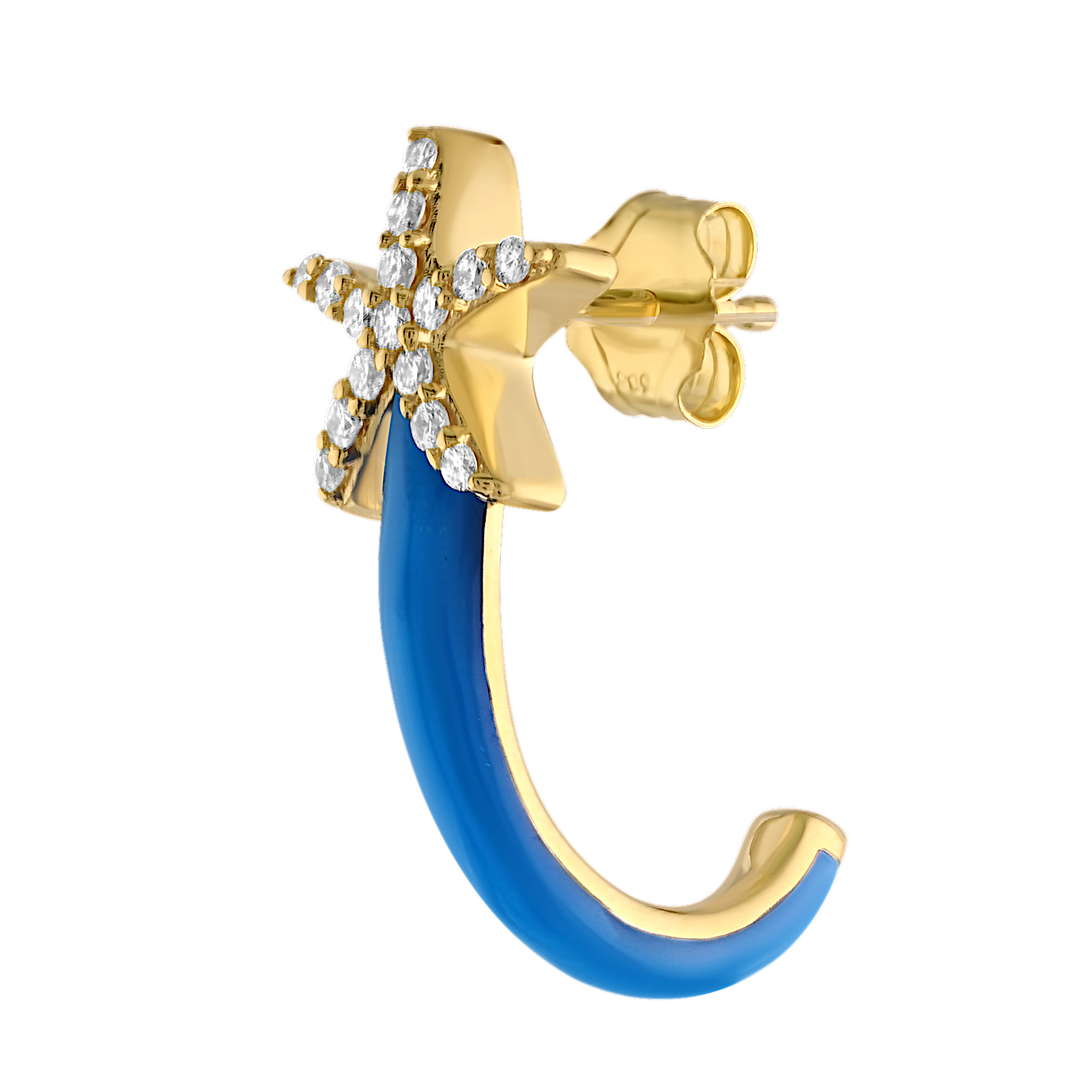 Oceanity&trade; 14K Yellow Gold Earrings Pave Starfish with Enamel J-Hoops Diamond 0.21 Ctw