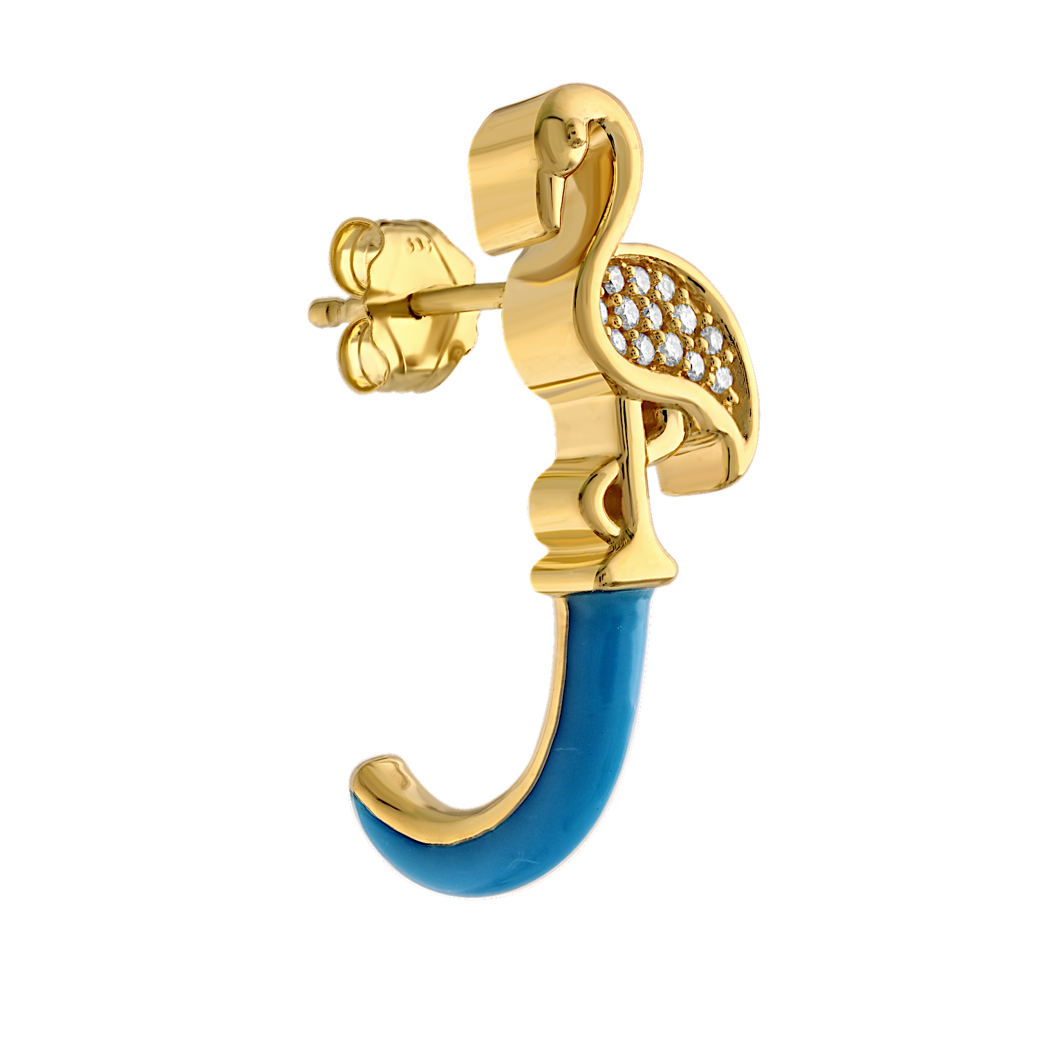 Oceanity&trade; 14K Yellow Gold Earrings Pave Flamingo with Enamel J-Hoops Diamond 0.09 Ctw