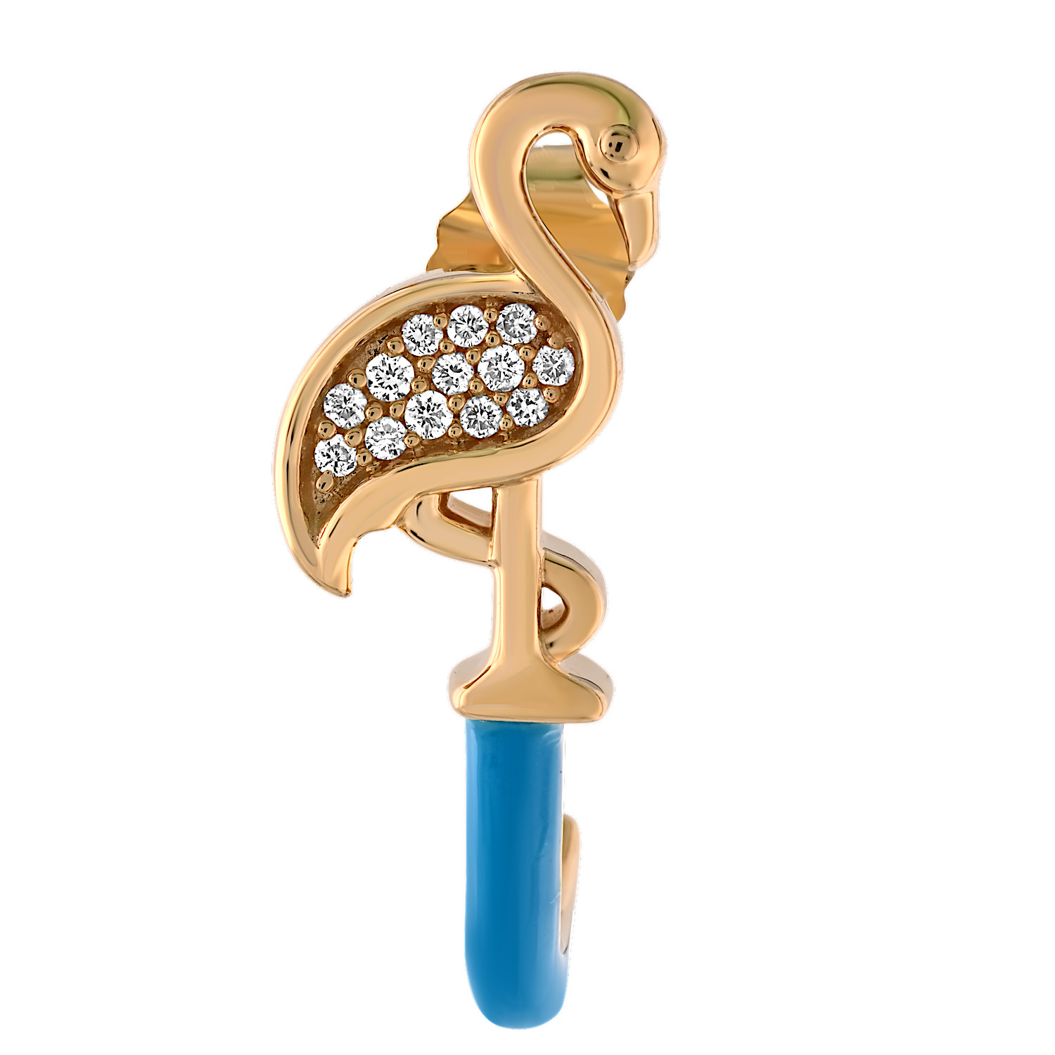 Oceanity&trade; 14K Yellow Gold Earrings Pave Flamingo with Enamel J-Hoops Diamond 0.09 Ctw