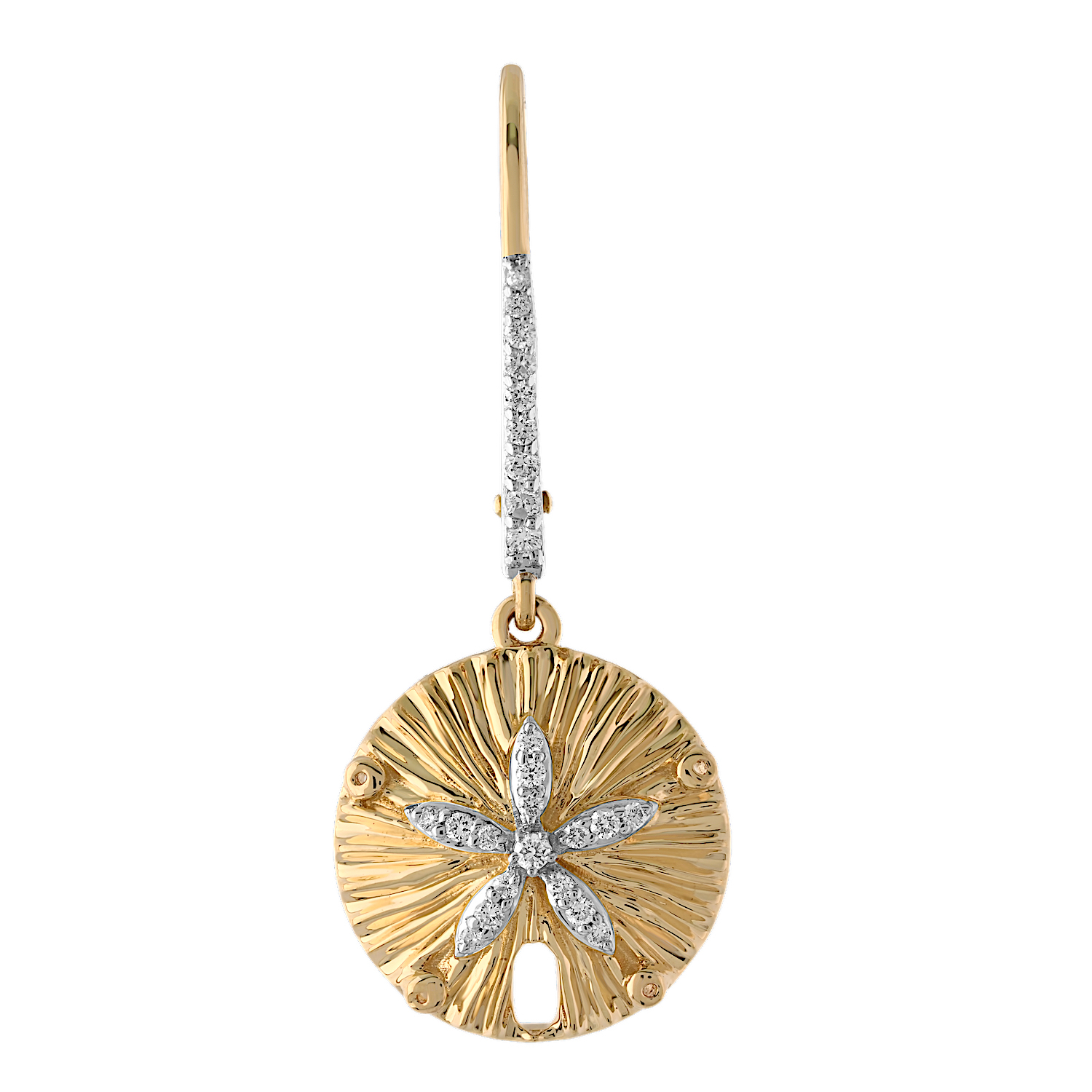 Oceanity&trade; 14K Yellow Gold Earrings Textured Sand Dollar Pave Center Lever Backs Diamond 0.21 Ctw
