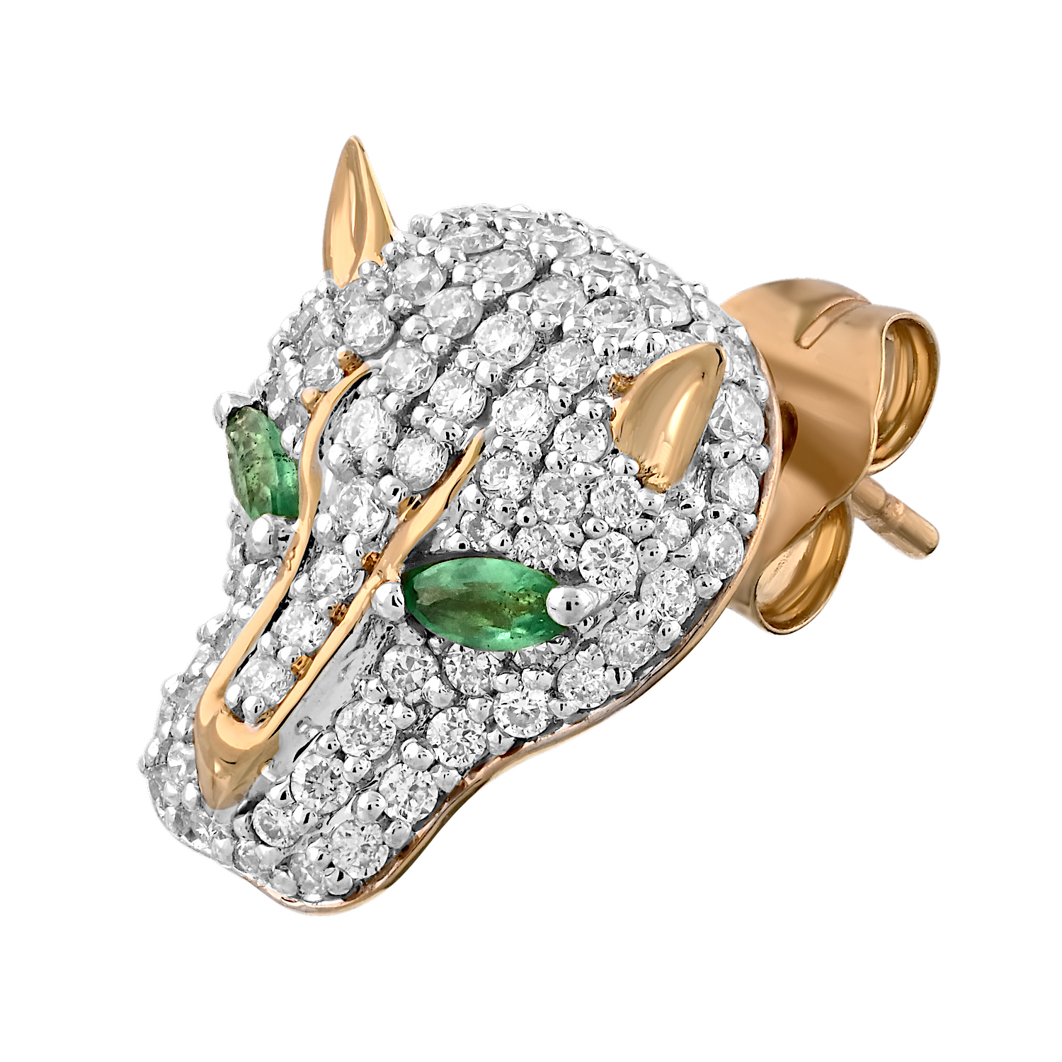 ZooLightful&trade; 14K Yellow Gold Pave Set Puma Head Emerald Eyes Earrings Diamond 1.50 Ctw