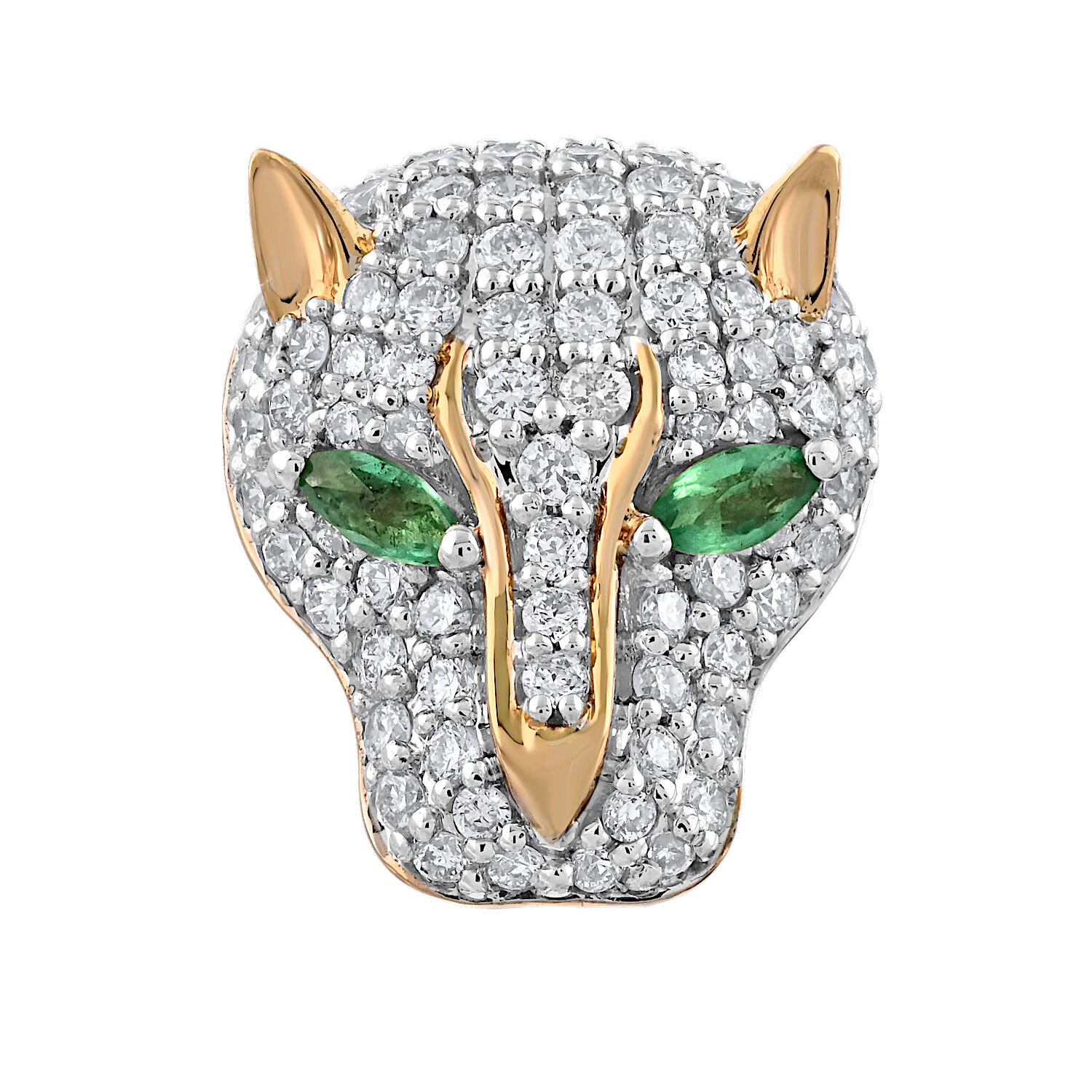 ZooLightful&trade; 14K Yellow Gold Pave Set Puma Head Emerald Eyes Earrings Diamond 1.50 Ctw