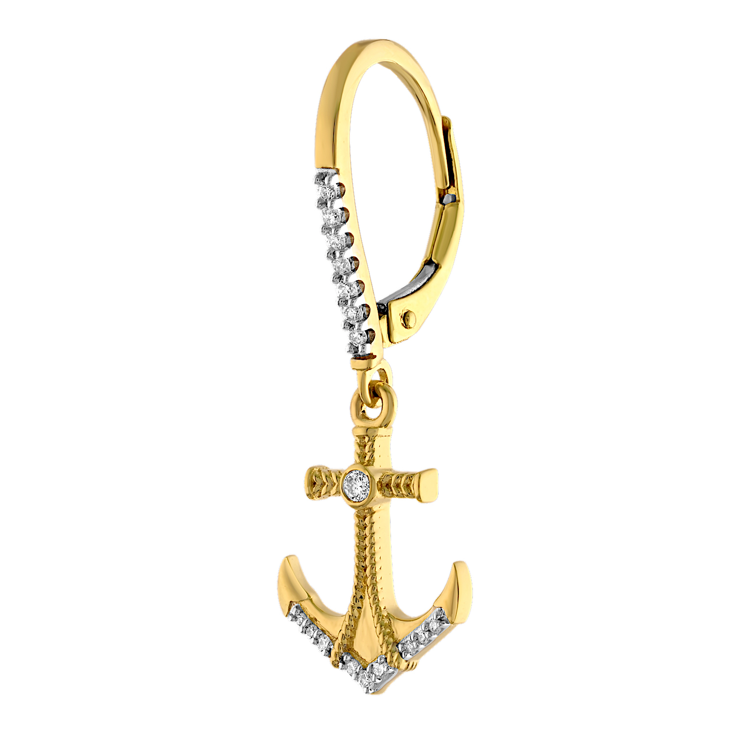 BluSea&trade; 14K Yellow Gold Earrings Anchor with Rope Drops Lever-Backs Diamond 0.18 Ctw
