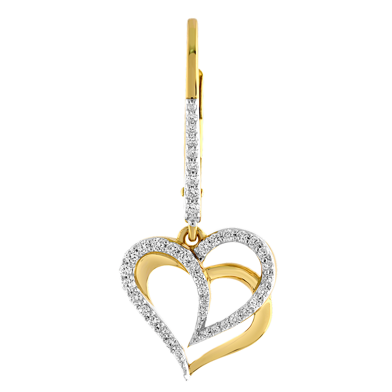 14K Yellow Gold Interlocked Hearts One Pave, One Polished on Lever-Backs Diamond Earrings 0.40 Ctw
