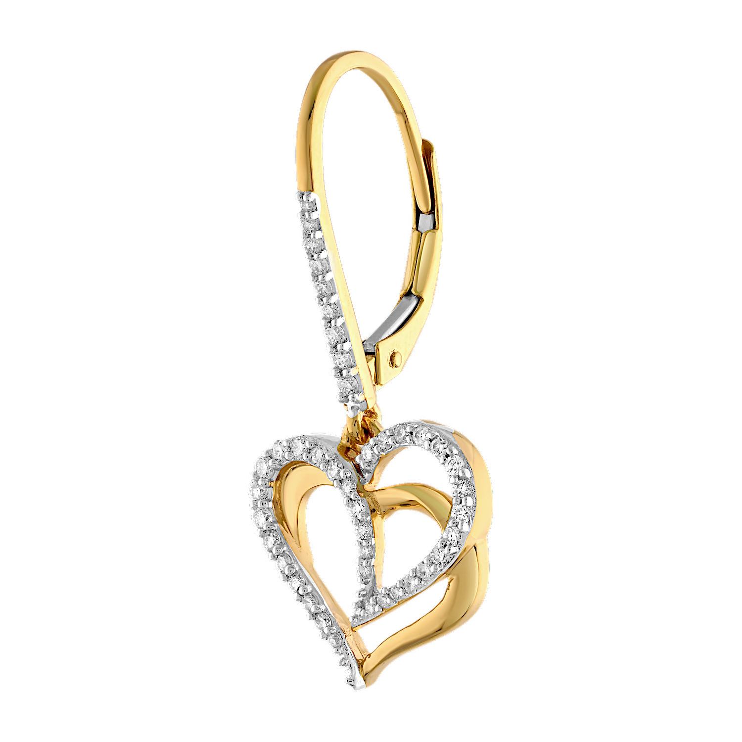 14K Yellow Gold Interlocked Hearts One Pave, One Polished on Lever-Backs Diamond Earrings 0.40 Ctw