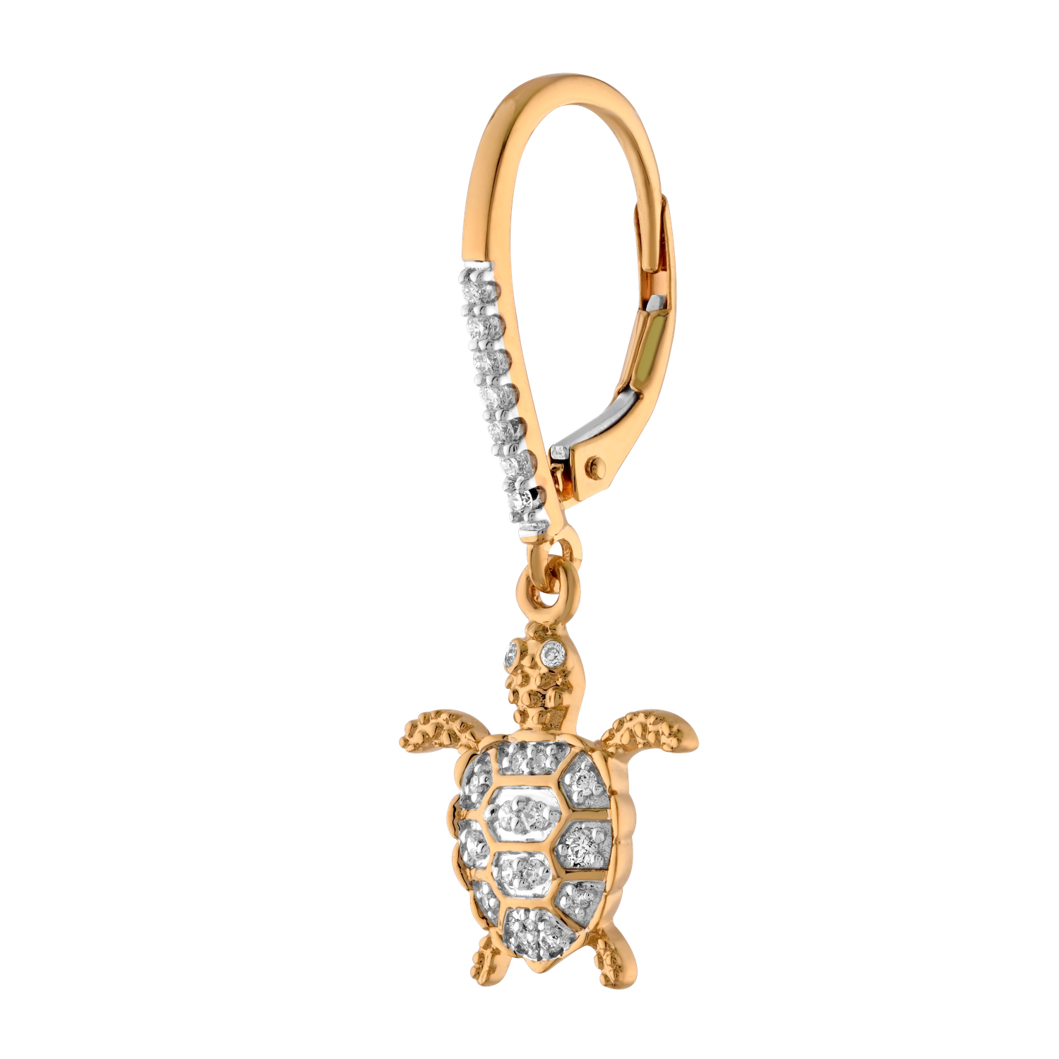 Oceanity&trade; 14K Yellow Gold Earrings Textured Finished Turtle Drops Pave Set on Lever-Backs Diamond 0.26 Ctw