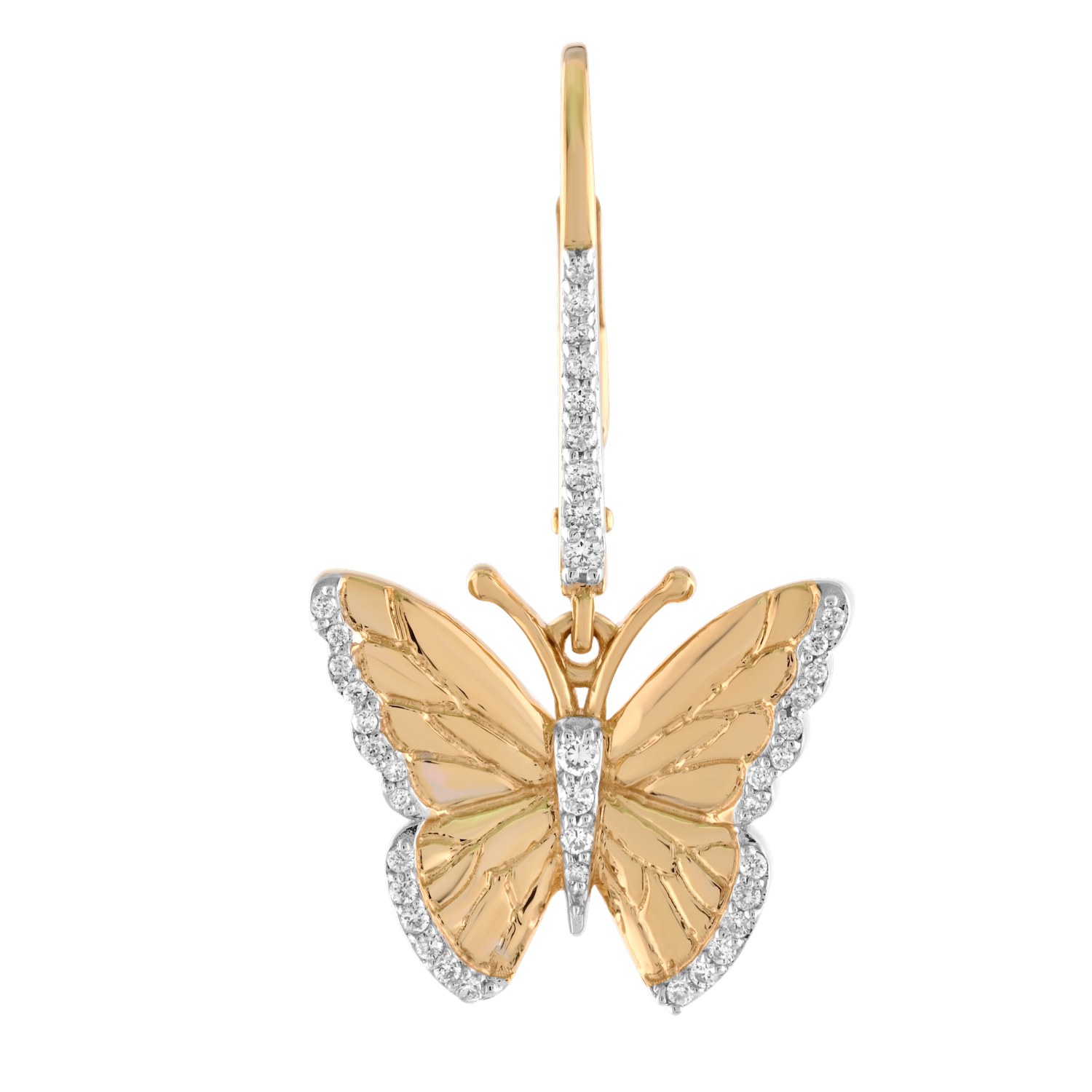 ZooLightful&trade; 14K Yellow Gold Etched Butterfly Wings Pave Wing Tips & Body on Lever-Backs Earrings Diamond 0.33 Ctw