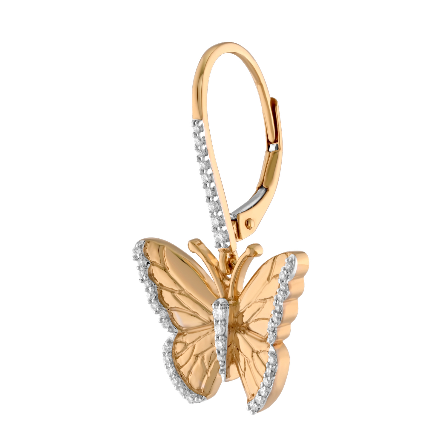 ZooLightful&trade; 14K Yellow Gold Etched Butterfly Wings Pave Wing Tips & Body on Lever-Backs Earrings Diamond 0.33 Ctw
