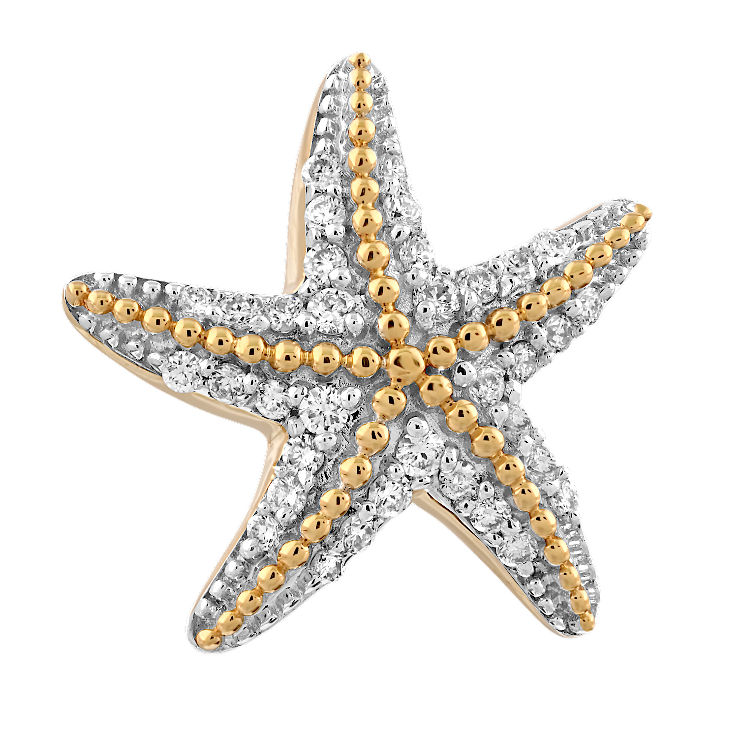 Oceanity&trade; 14K Two Tone Earrings Pave Starfish Beaded Center Studs Diamond 0.32 Ctw