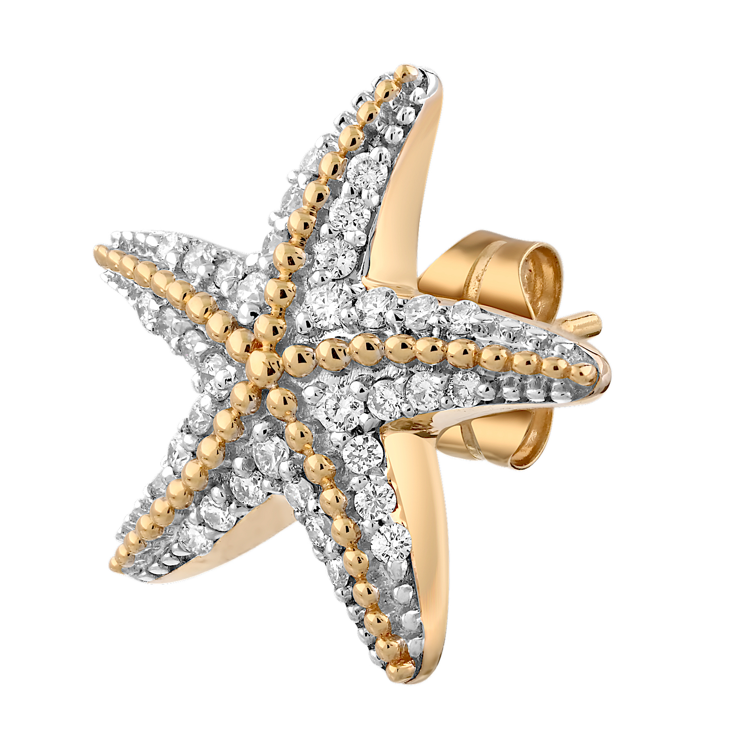 Oceanity&trade; 14K Two Tone Earrings Pave Starfish Beaded Center Studs Diamond 0.32 Ctw