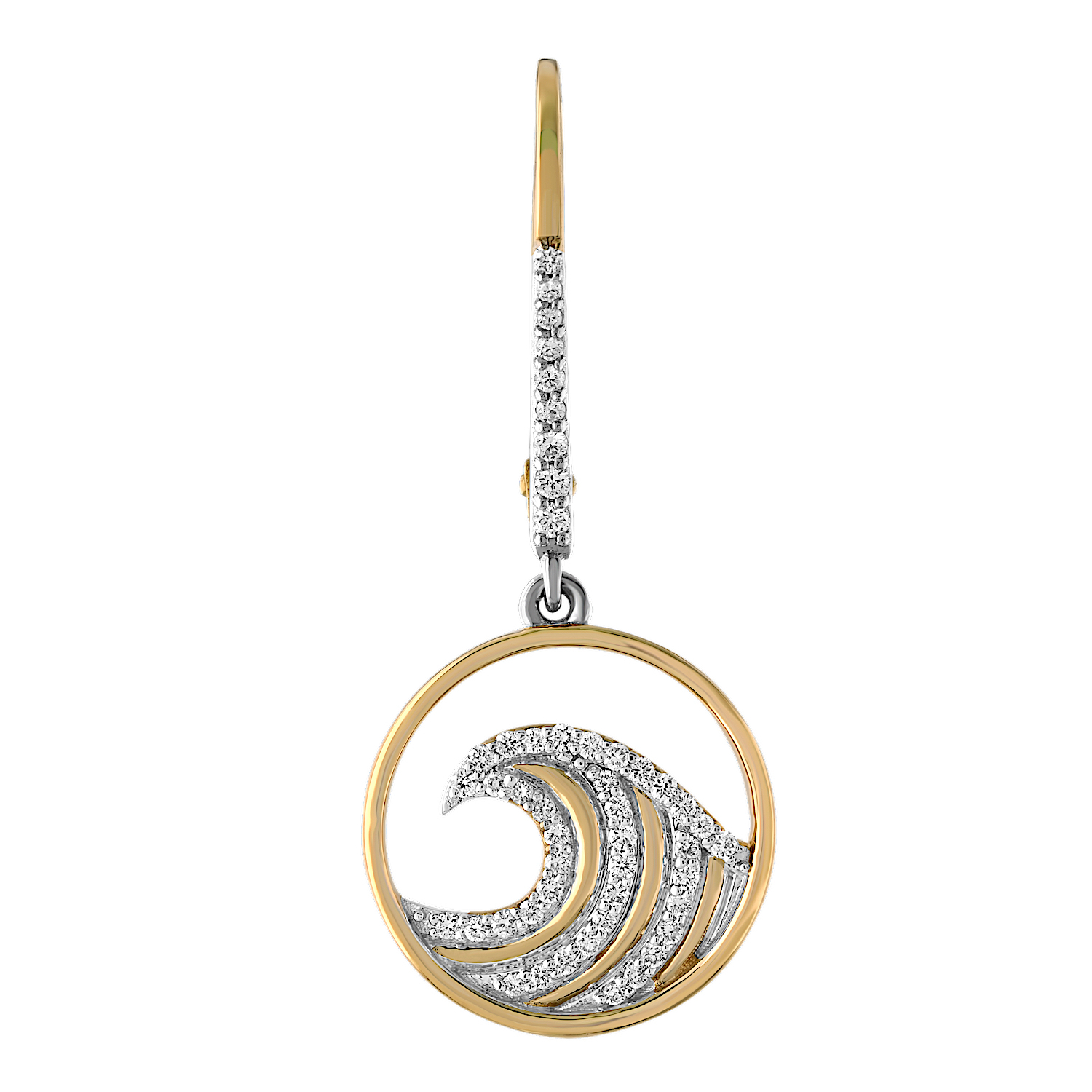 Oceanity&trade; 14K Yellow Gold Earrings Circles with Waves Polished & Pave on Lever-Backs Diamond 0.32 Ctw