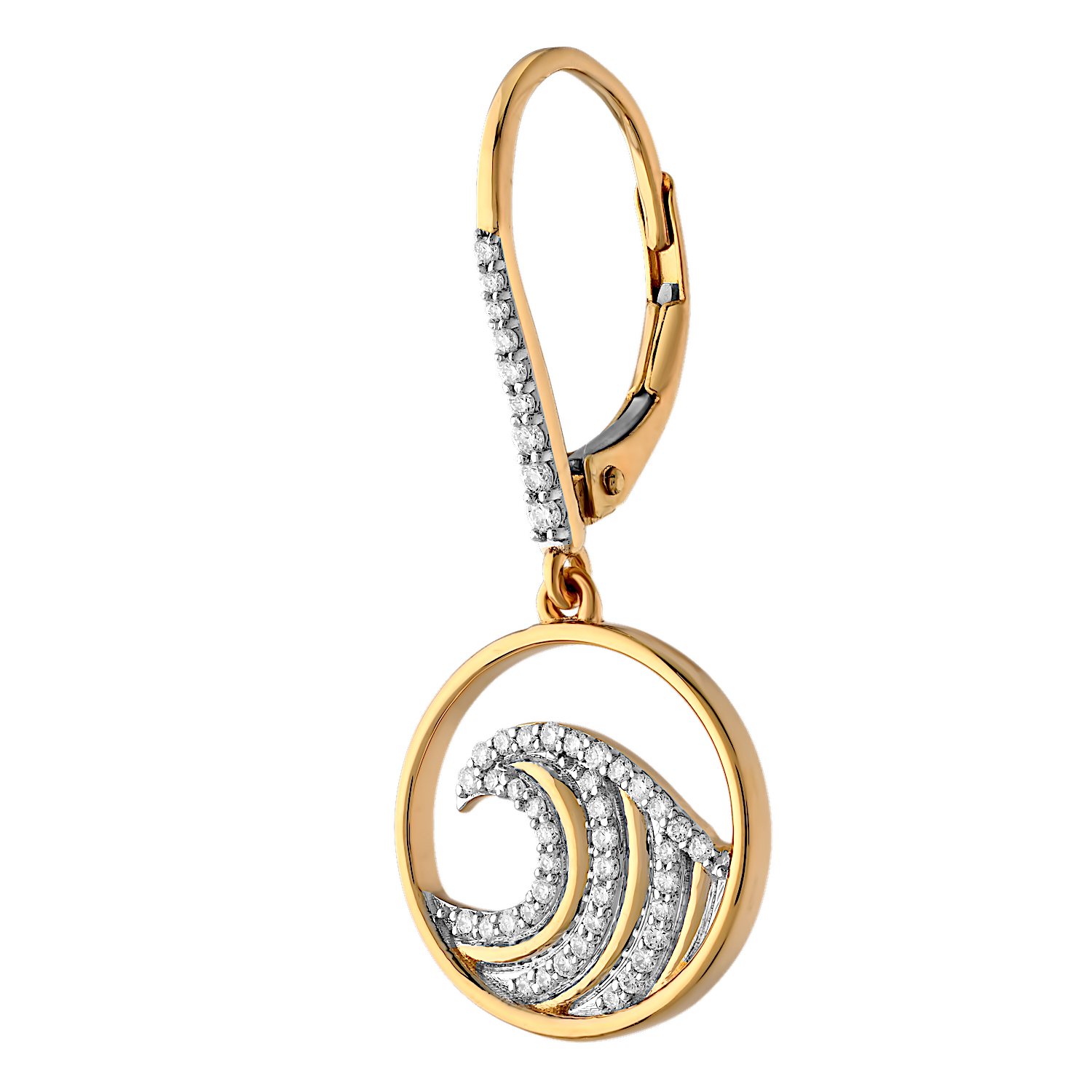 Oceanity&trade; 14K Yellow Gold Earrings Circles with Waves Polished & Pave on Lever-Backs Diamond 0.32 Ctw
