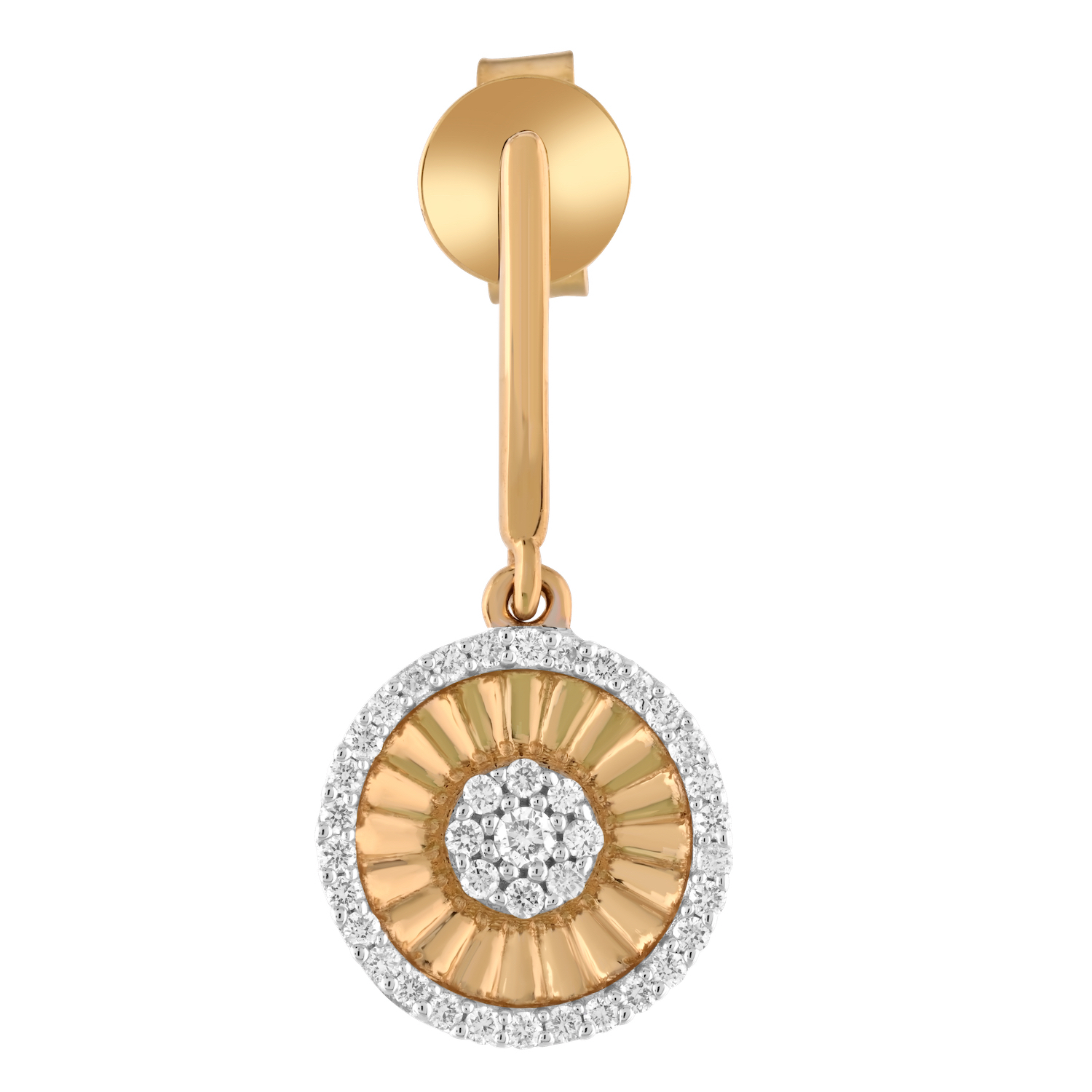 14K Yellow Gold Round Shape Fluted with Diamond Halo & Cluster Center Drops Lever-Backs Diamond Earrings 0.32 Ctw
