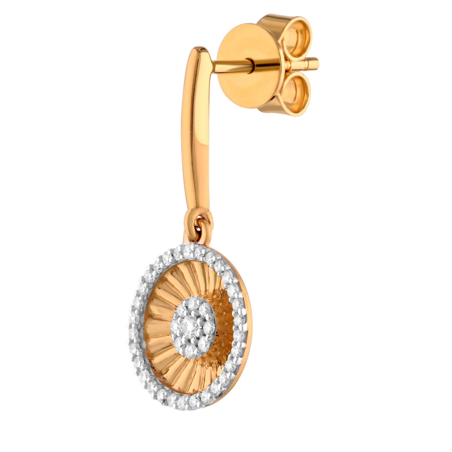 14K Yellow Gold Round Shape Fluted with Diamond Halo & Cluster Center Drops Lever-Backs Diamond Earrings 0.32 Ctw