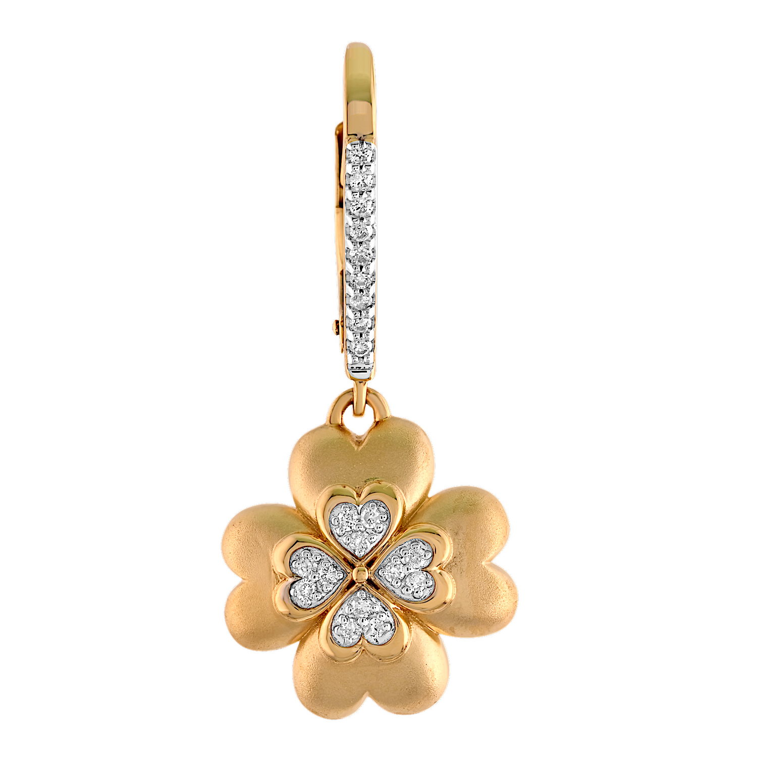 10K Yellow Gold 4 Leaf Clover with Hearts Drops on Lever-Backs Diamond Earrings 0.23 Ctw