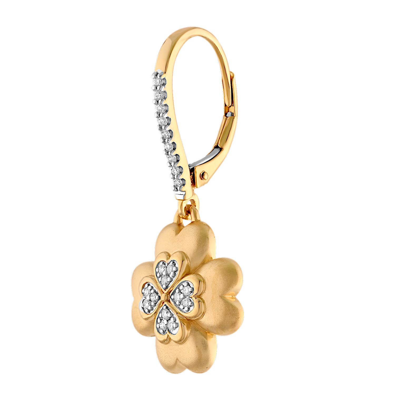 10K Yellow Gold 4 Leaf Clover with Hearts Drops on Lever-Backs Diamond Earrings 0.23 Ctw