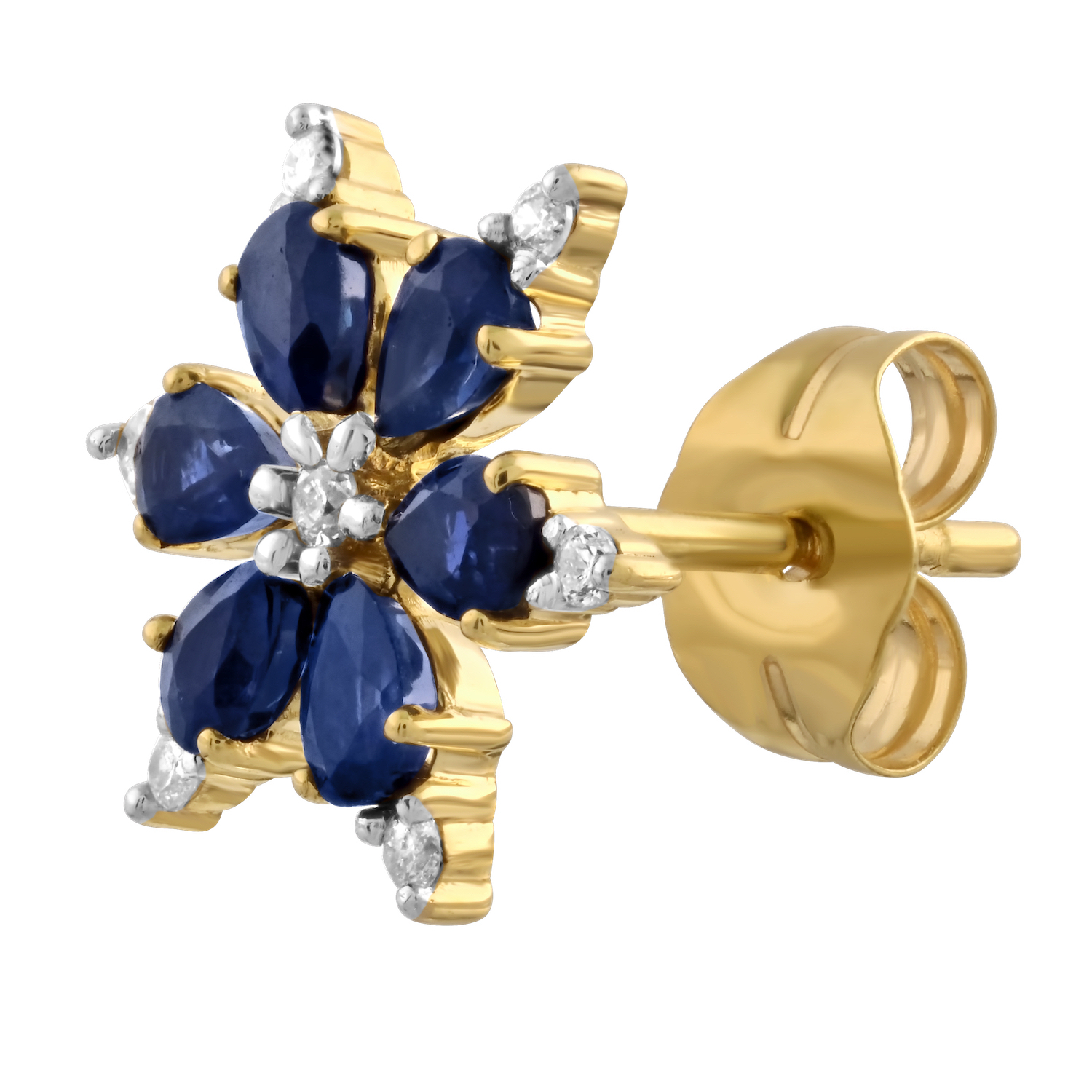 Majestic Gems&trade; 10k Yellow Gold Pear Shape Sapphire Flower Studs Blue Sapphire & Diamond 1.64 Ctw