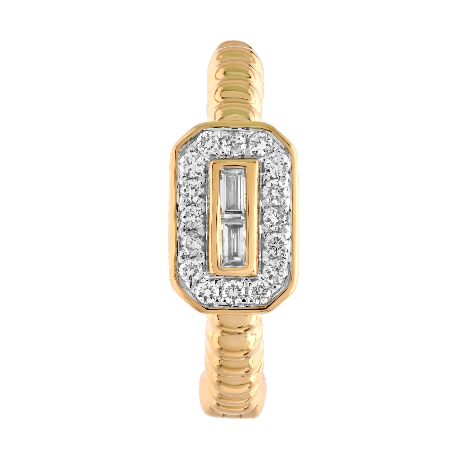 14K Yellow Gold Bezel Set Emerald Cut Center w/Halo Ribbed Hoops Diamond Earrings 0.33 Ctw