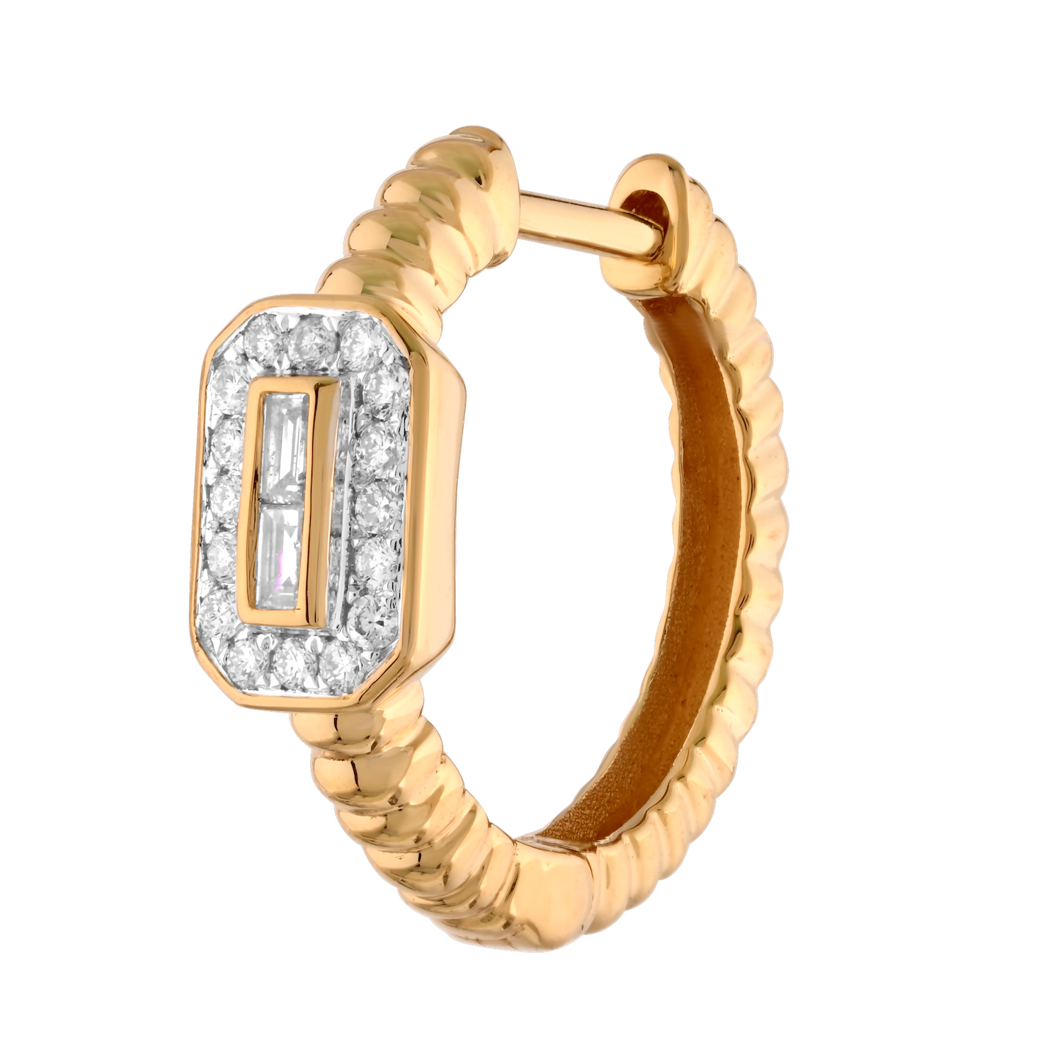 14K Yellow Gold Bezel Set Emerald Cut Center w/Halo Ribbed Hoops Diamond Earrings 0.33 Ctw