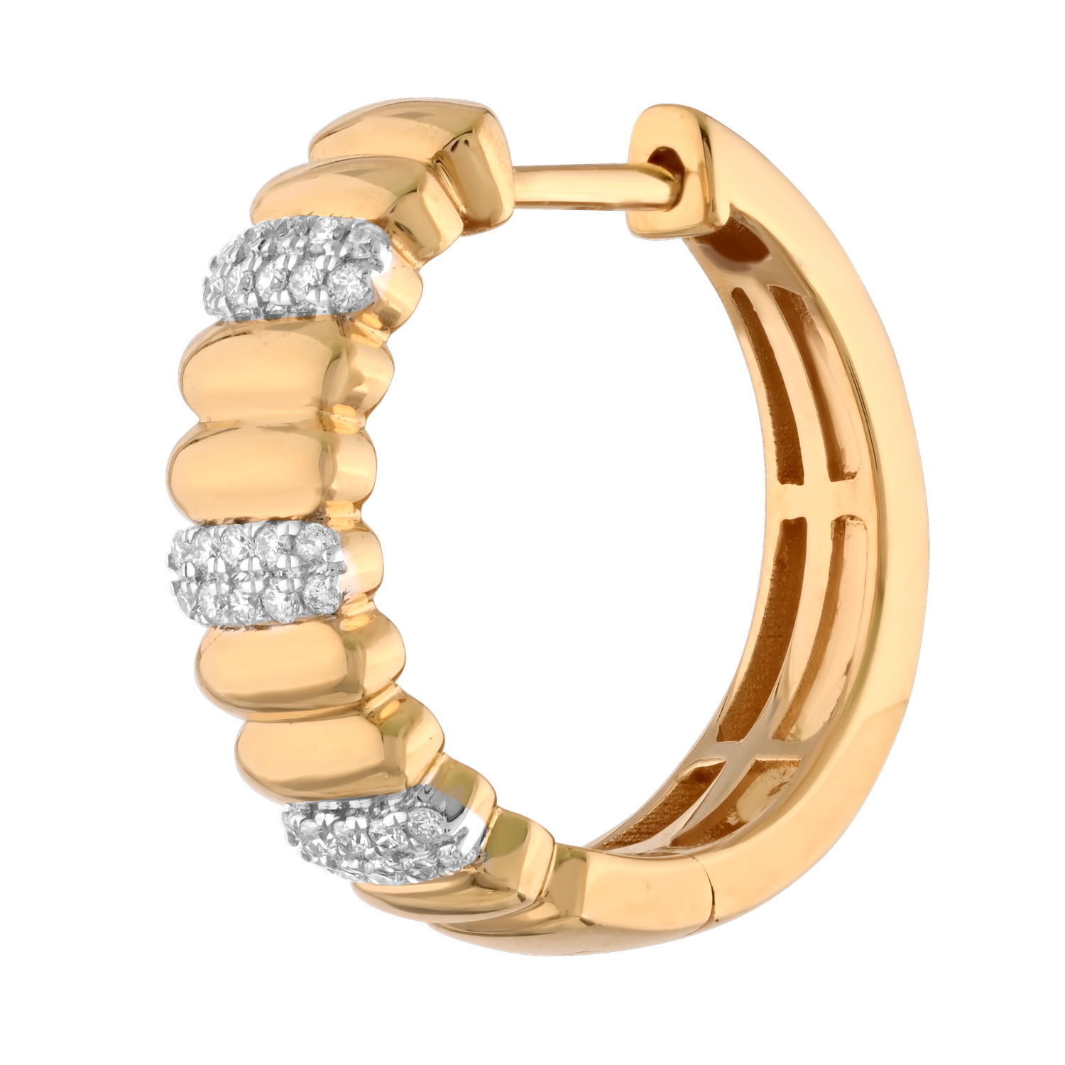 14K Yellow Gold Alternating Polished and Pave Hoops Diamond Earrings 0.18 Ctw