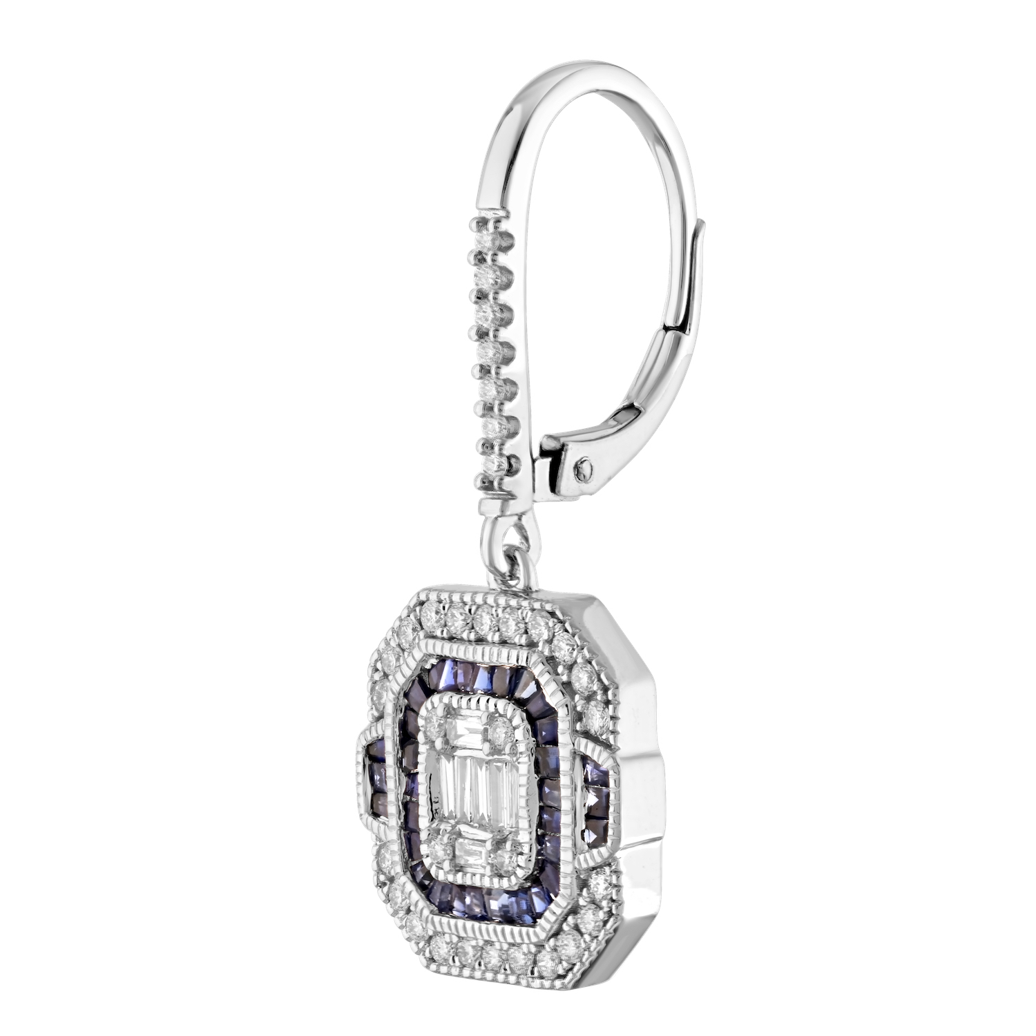 Vintage Treasures&trade; 14k White Gold Art Deco Style Emerald Shape Drops Baguette & Rounds Lever-Backs Earrings Diamond & Blue Sapphire 1.00 Ctw