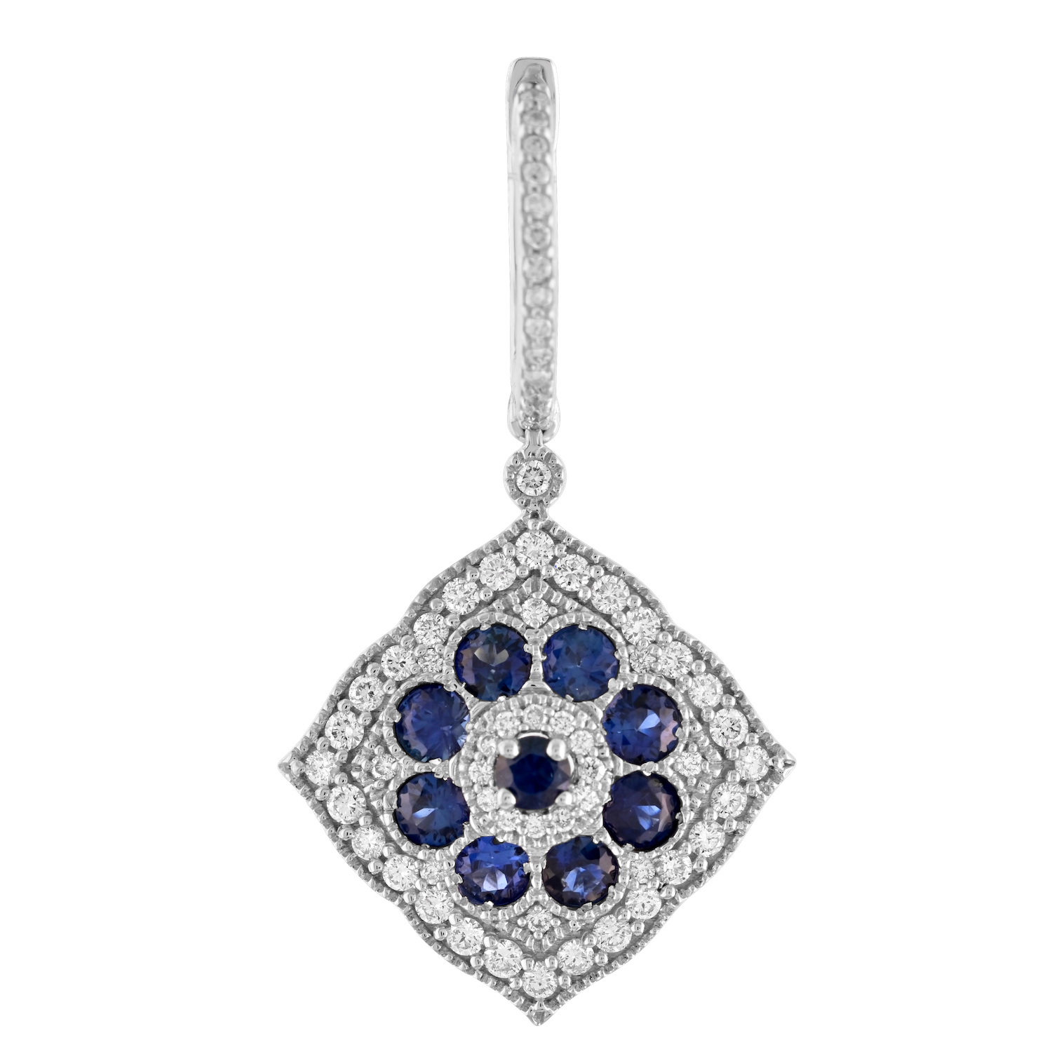 Vintage Treasures&trade; 14k White Gold Offset Square Sapphire with Halo Drops Lever-Backs Earrings Diamond & Blue Sapphire 2.20 Ctw