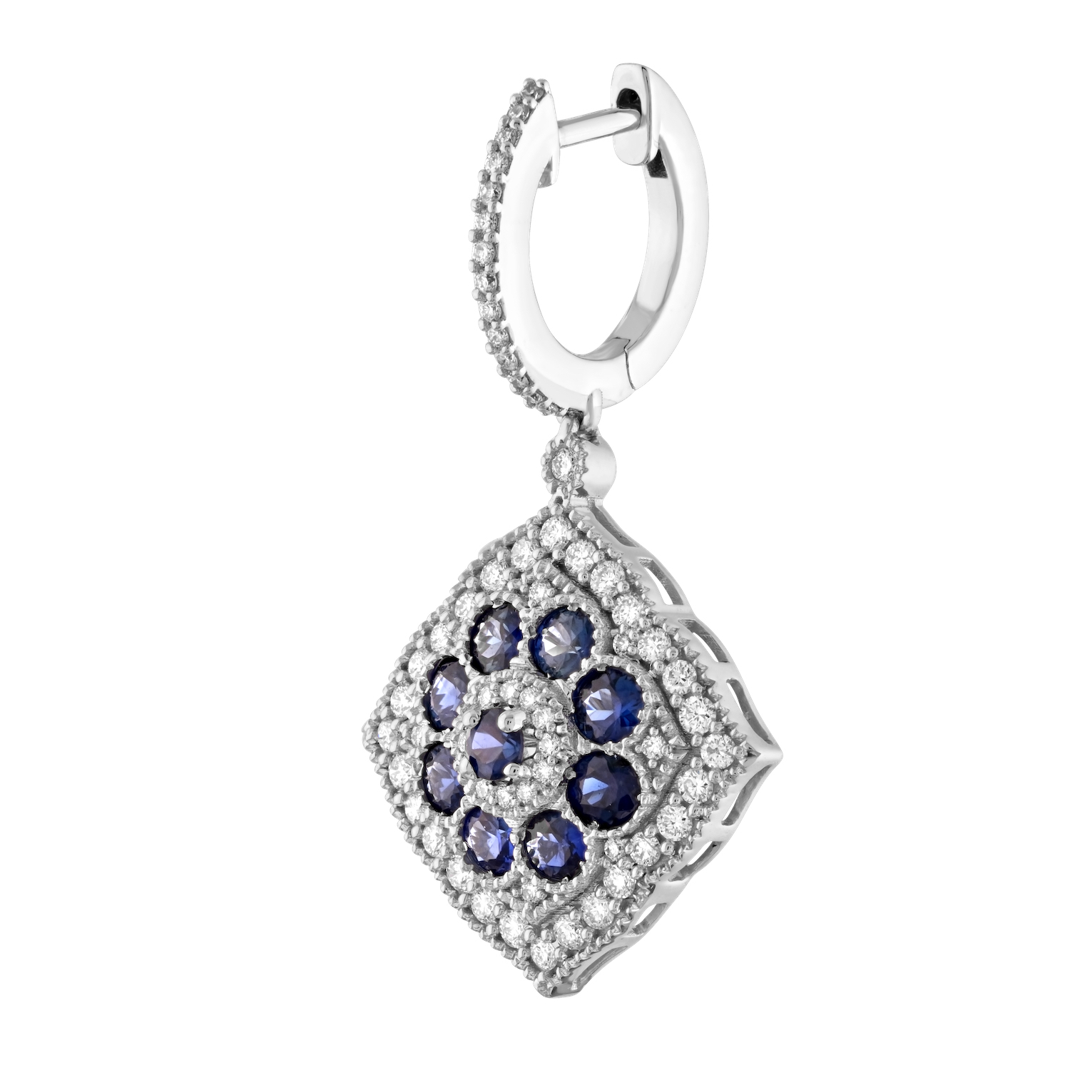 Vintage Treasures&trade; 14k White Gold Offset Square Sapphire with Halo Drops Lever-Backs Earrings Diamond & Blue Sapphire 2.20 Ctw