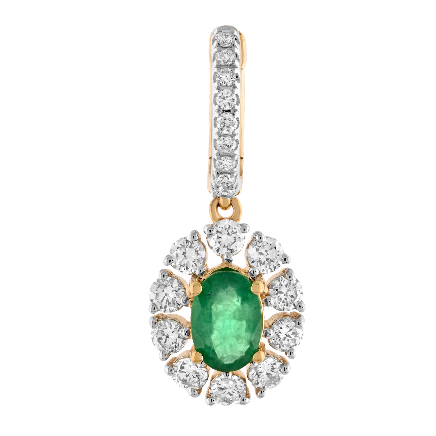 Majestic Gems&trade; 14k Yellow Gold Oval Color Stone with Halo on Diamond Hoops Emerald & Diamond 1.95 Ctw