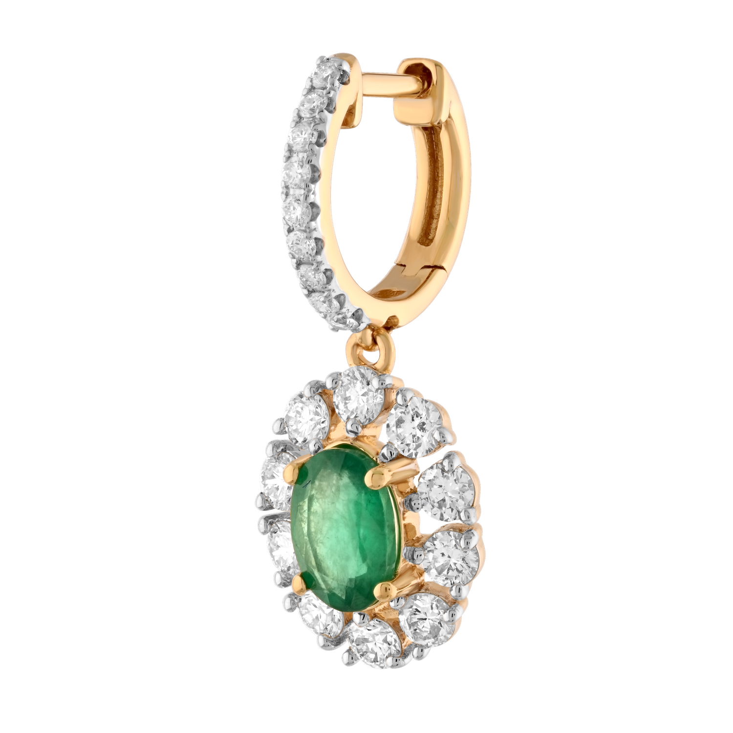 Majestic Gems&trade; 14k Yellow Gold Oval Color Stone with Halo on Diamond Hoops Emerald & Diamond 1.95 Ctw
