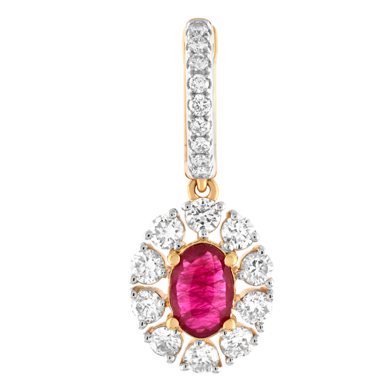 Majestic Gems&trade; 14k Yellow Gold Oval Color Stone with Halo on Diamond Hoops Ruby & Diamond 1.95 Ctw