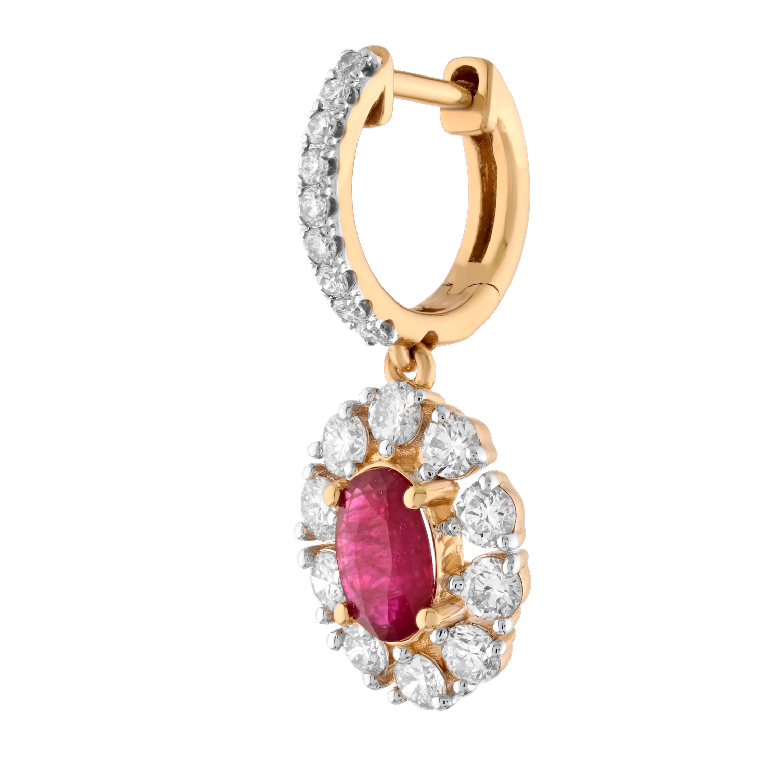 Majestic Gems&trade; 14k Yellow Gold Oval Color Stone with Halo on Diamond Hoops Ruby & Diamond 1.95 Ctw