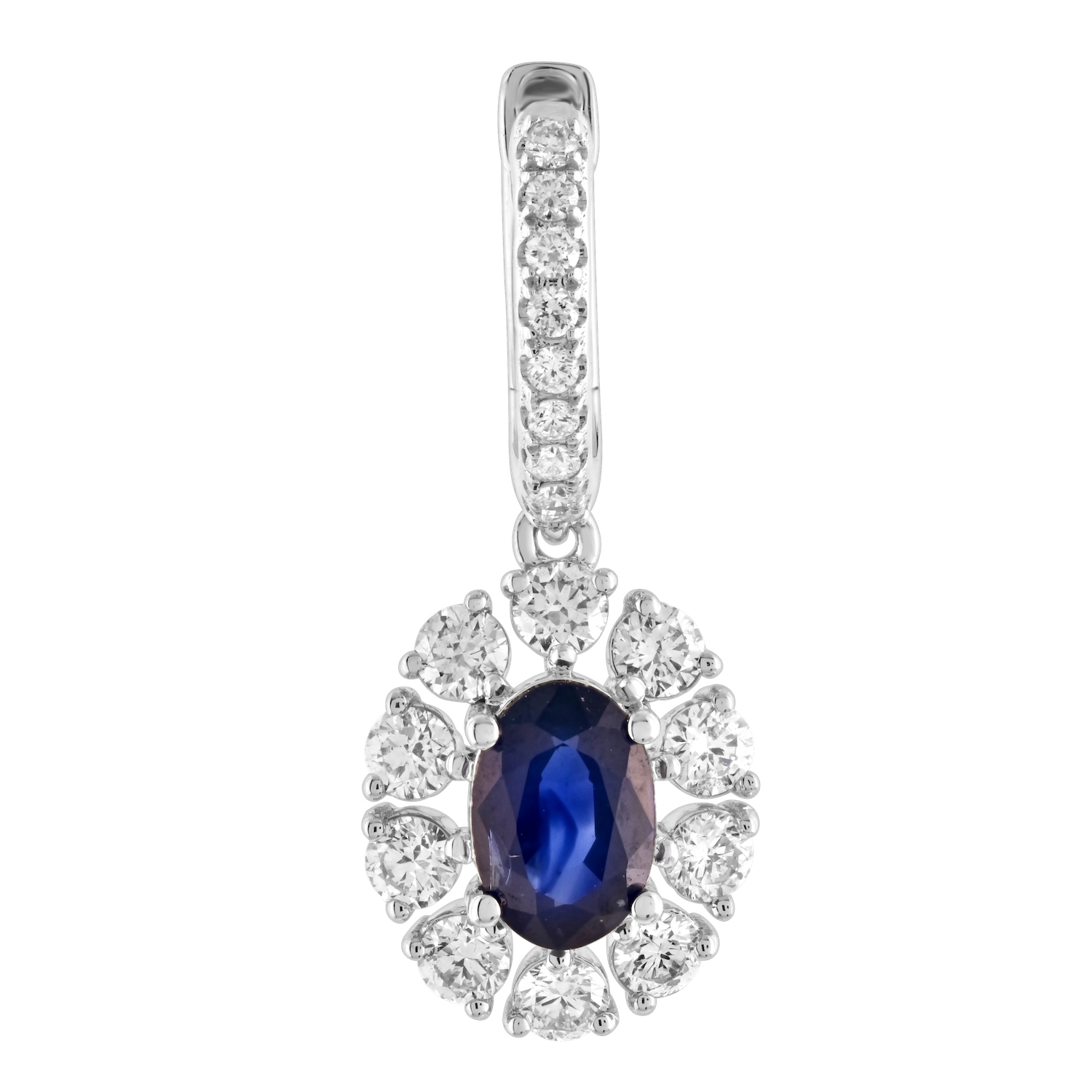 Majestic Gems&trade; 14k White Gold Oval Color Stone with Halo on Diamond Hoops Blue Sapphire & Diamond 1.95 Ctw