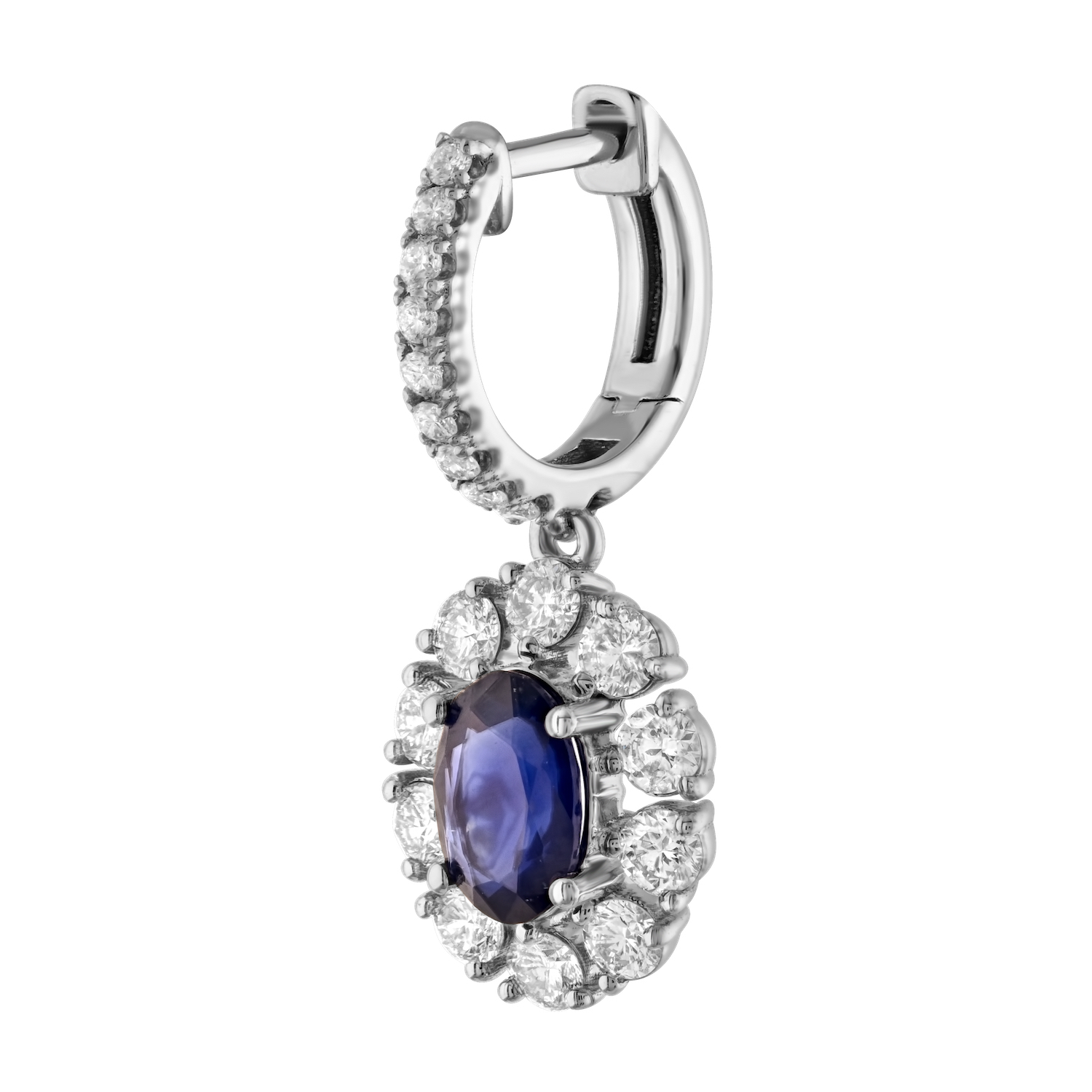 Majestic Gems&trade; 14k White Gold Oval Color Stone with Halo on Diamond Hoops Blue Sapphire & Diamond 1.95 Ctw