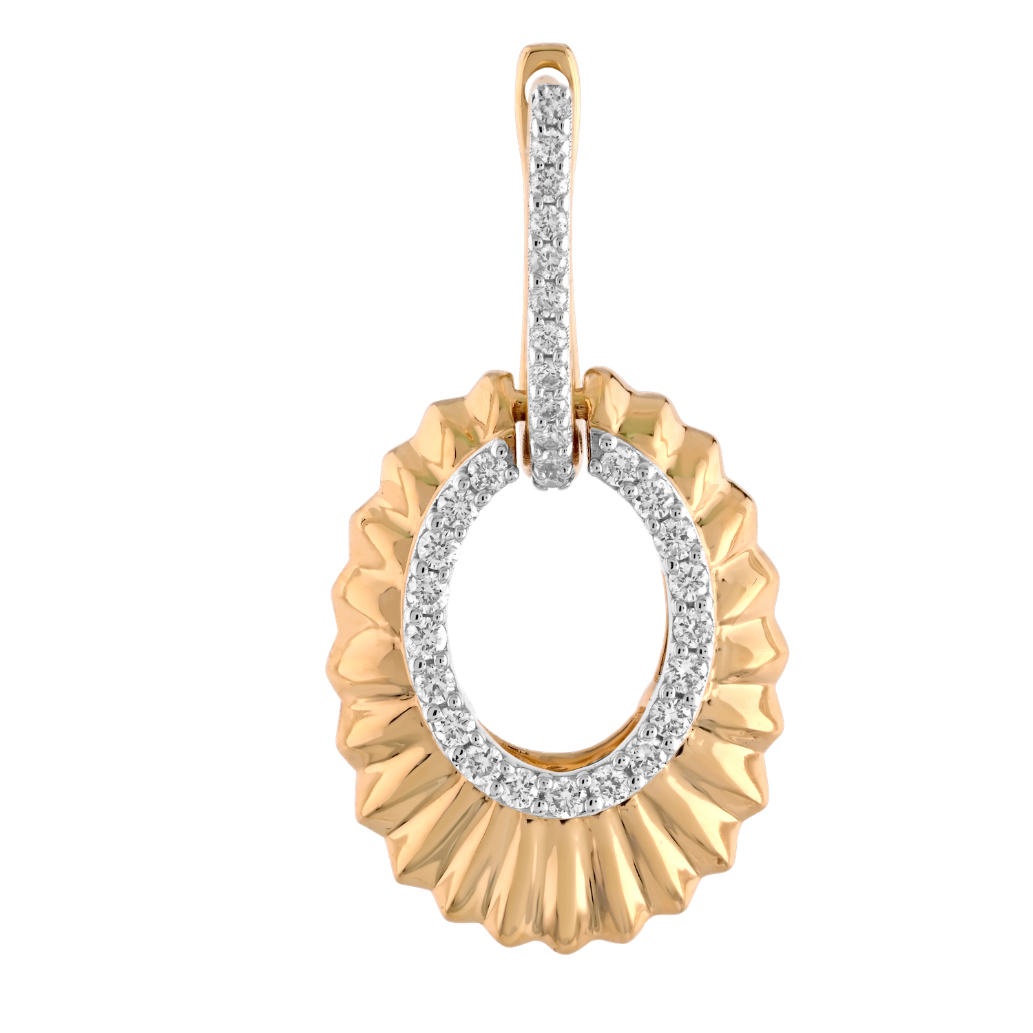 14K Yellow Gold Oval Fluted Drops with Inner Halo Diamond Earrings 0.27 Ctw