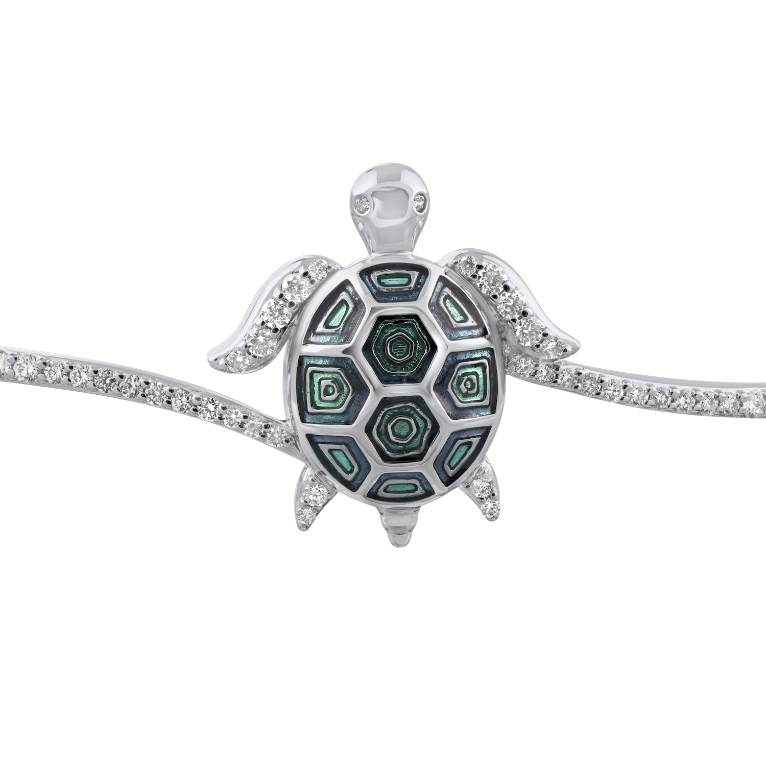 Oceanity&trade; 14K White Gold Bangle Enamel Turtle Bypass with Pave Flippers Diamond 0.54 Ctw