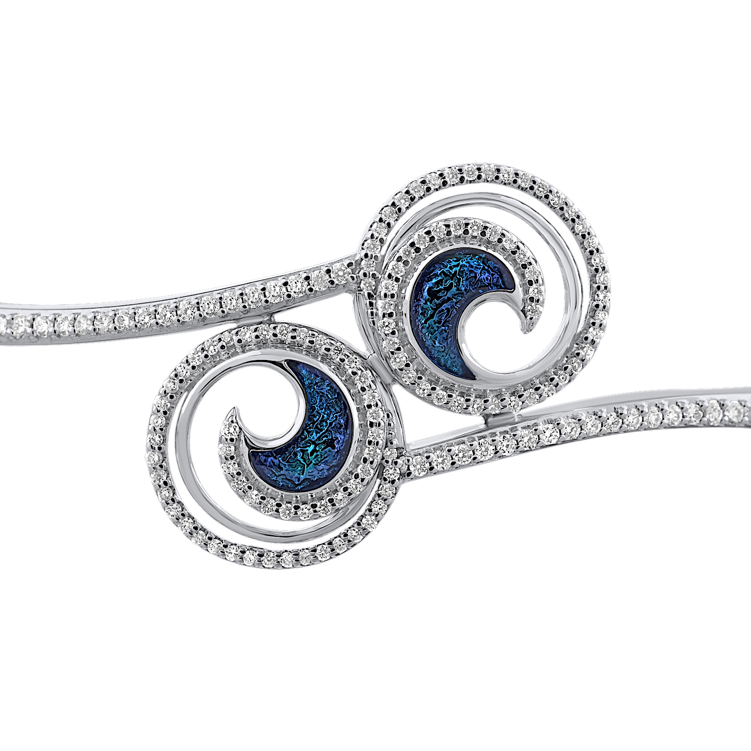 Oceanity&trade; 14K White Gold Bangle Enamel Bypass with 2 Waves in Circles with Pave Diamonds Diamond 0.70 Ctw