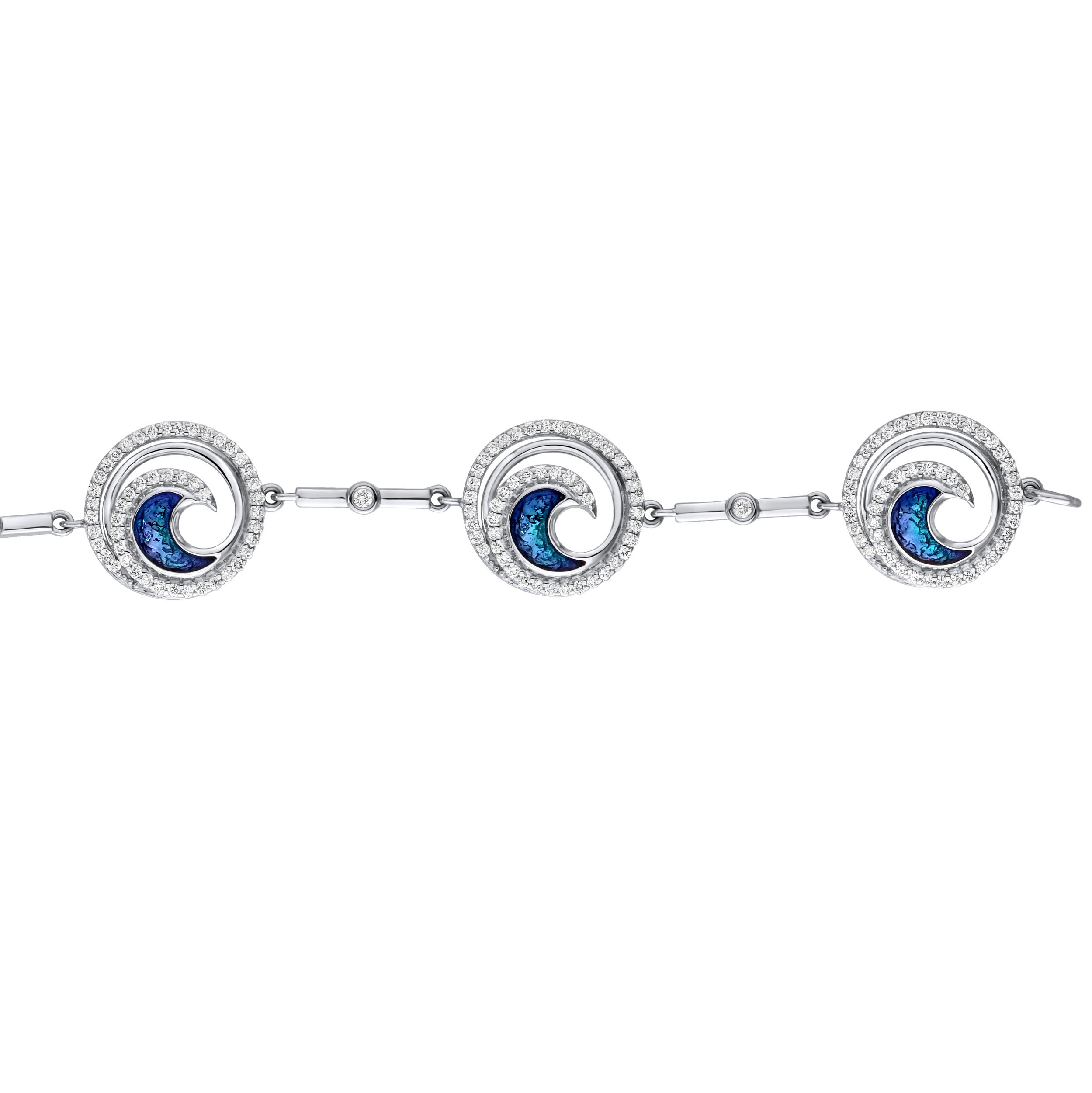 Oceanity&trade; 14K White Gold Bracelet Row of Enamel Waves in Pave Set Circles Diamond 1.07 Ctw