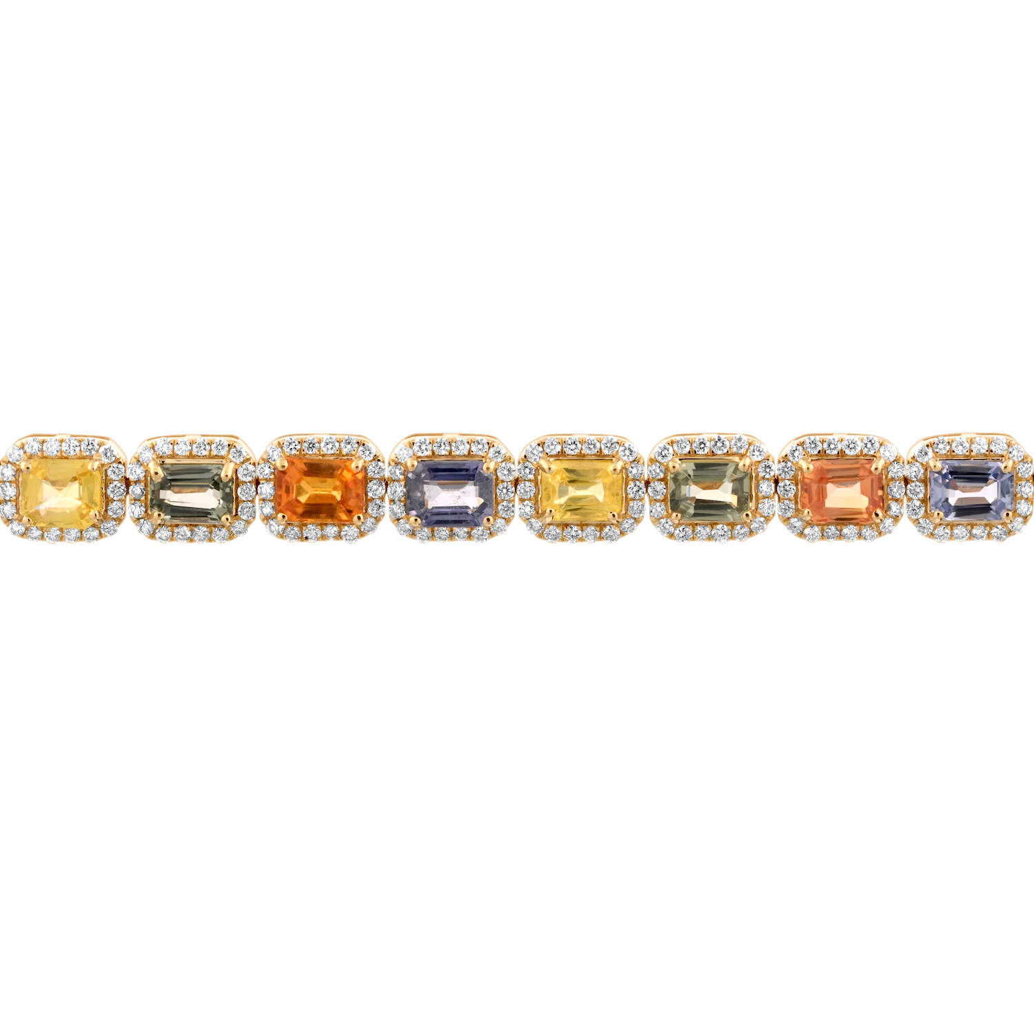 Majestic Gems&trade; 14k Yellow Gold Emerald Cut Multi Color Sapphires with Diamond Between Multi Sapphire & Diamond 7.08 Ctw