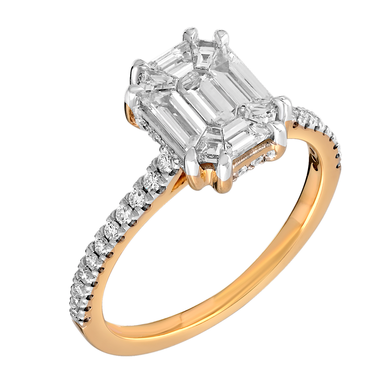 Compozit&trade; 14K Yellow Gold Emerald Shape Compozit Shared Prong Shoulders Ring Diamond 1.01 Ctw Cutting Edge Technology