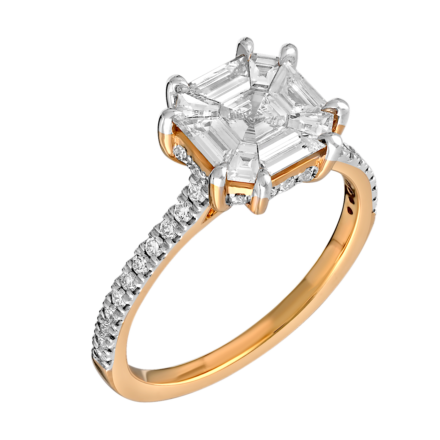 Compozit&trade; 14K Yellow Gold Asscher Shape Compozit Shared Prong Shoulders Ring Diamond 1.02 Ctw Cutting Edge Technology