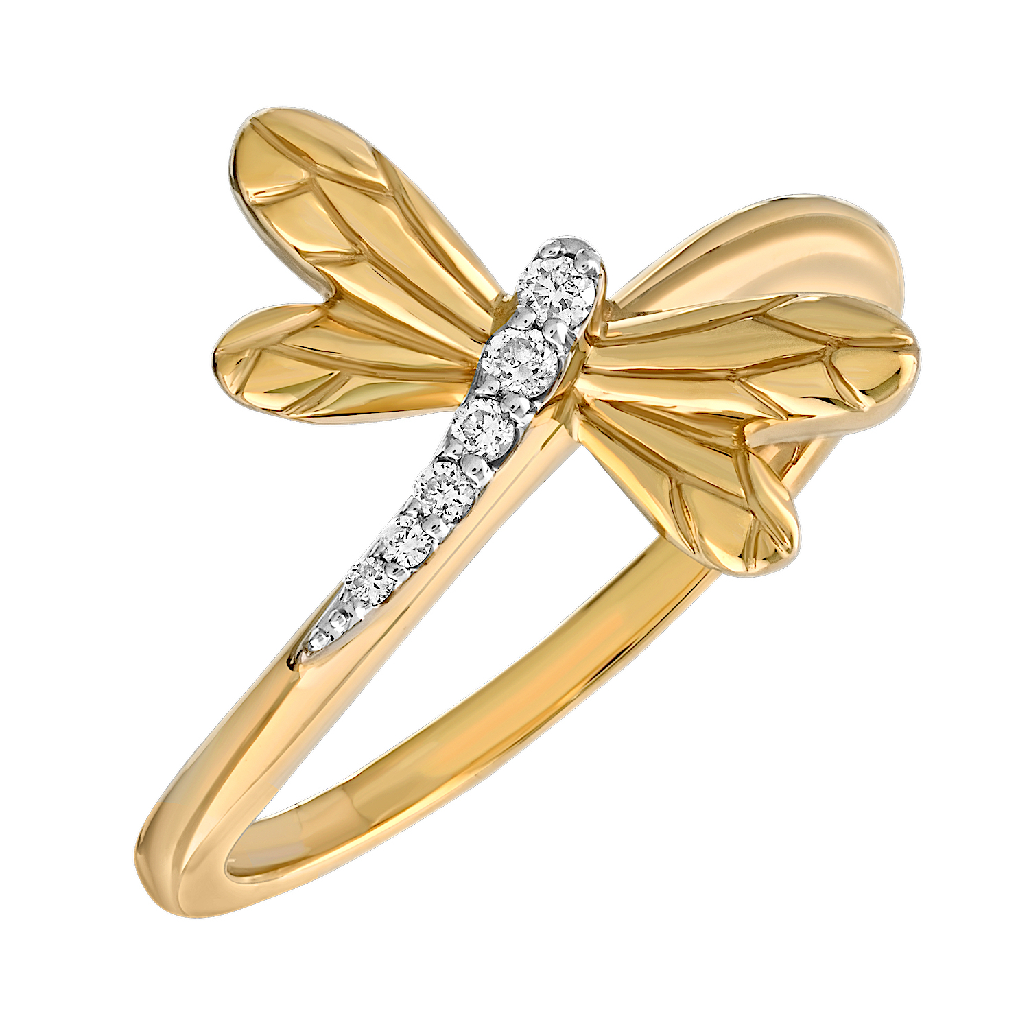 ZooLightful&trade; 14K Yellow Gold Dragonfly with Pave Body Ring Diamond 0.06 Ctw