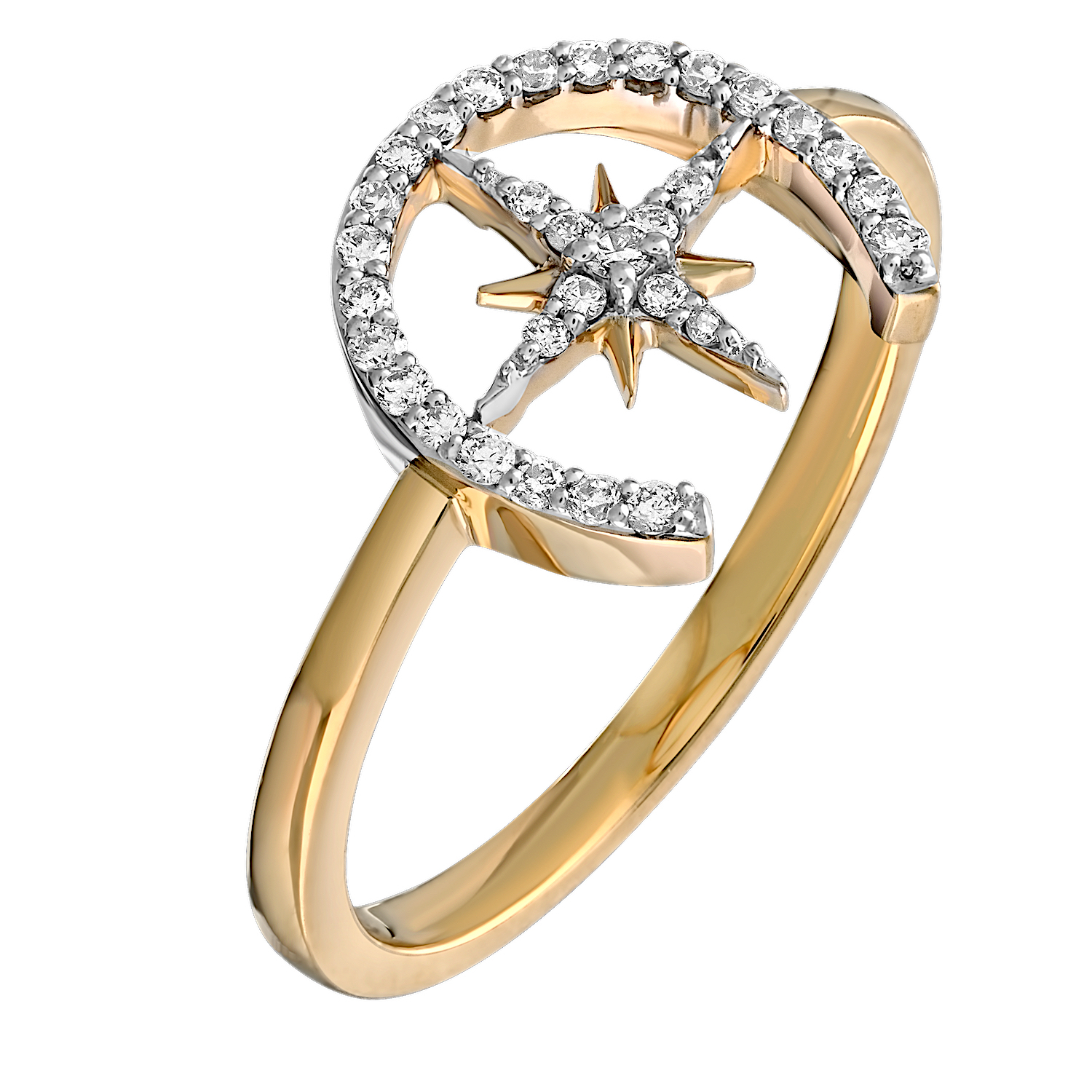 14K Yellow Gold Pave Horseshoe with North Star Plain Shank Diamond Ring 0.14 Ctw