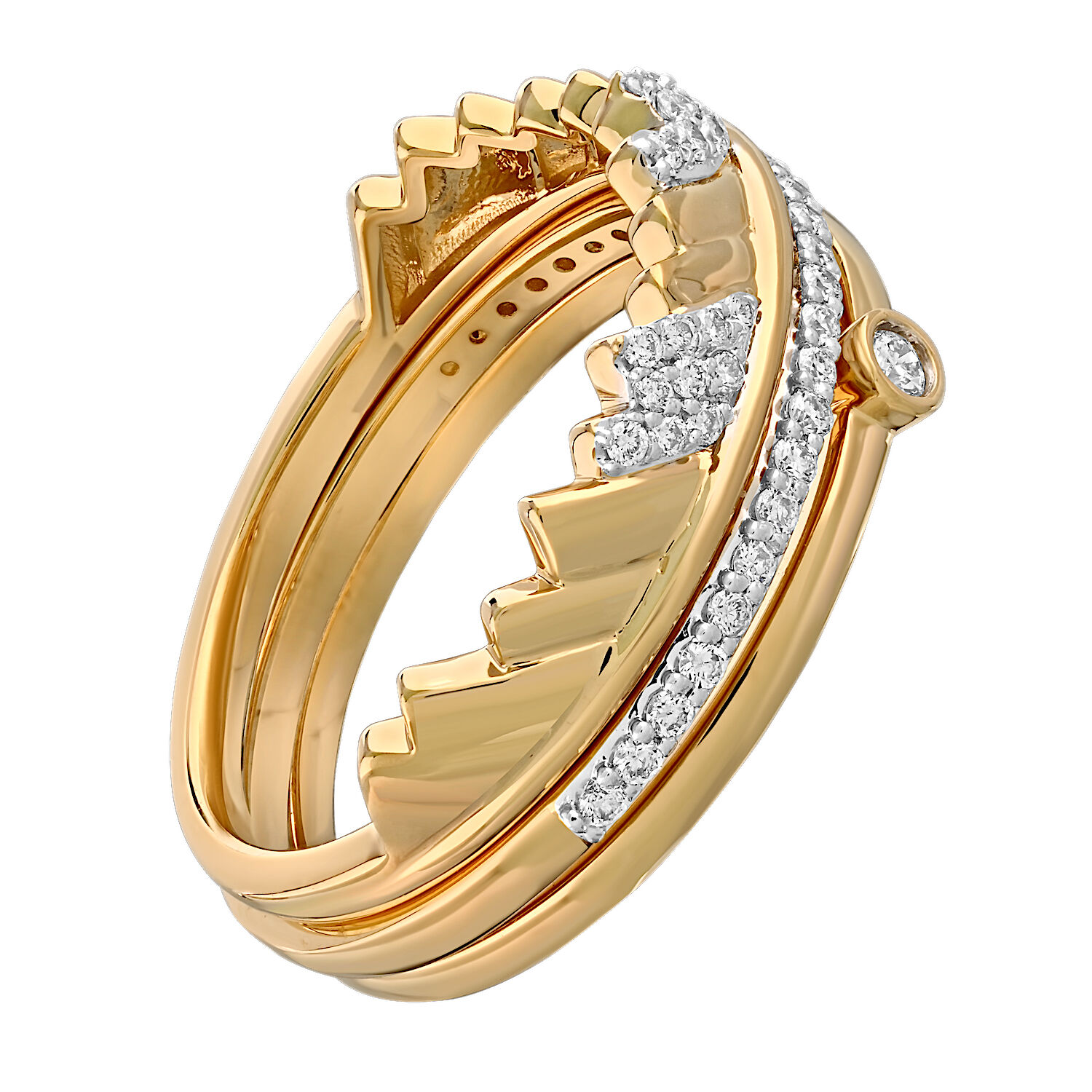 Diamond Peak&trade; 14K Yellow Gold Ring 3 Pieces Textured Mountains with Bezel Set Center Diamond 0.24 Ctw