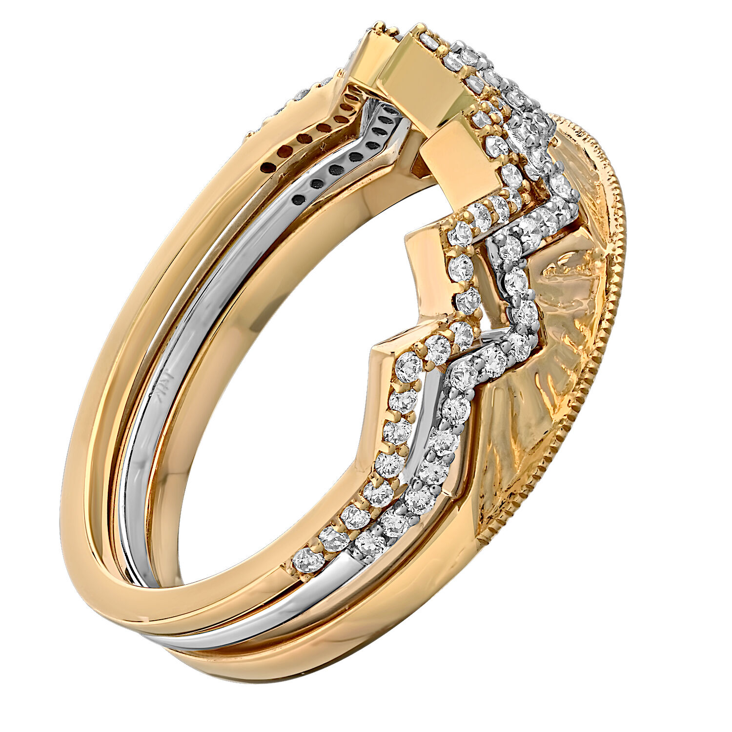 Diamond Peak&trade; 14K Two Tone Ring 3 Pieces Mountain Center with 2 Fitted Pave Diamond 0.26 Ctw
